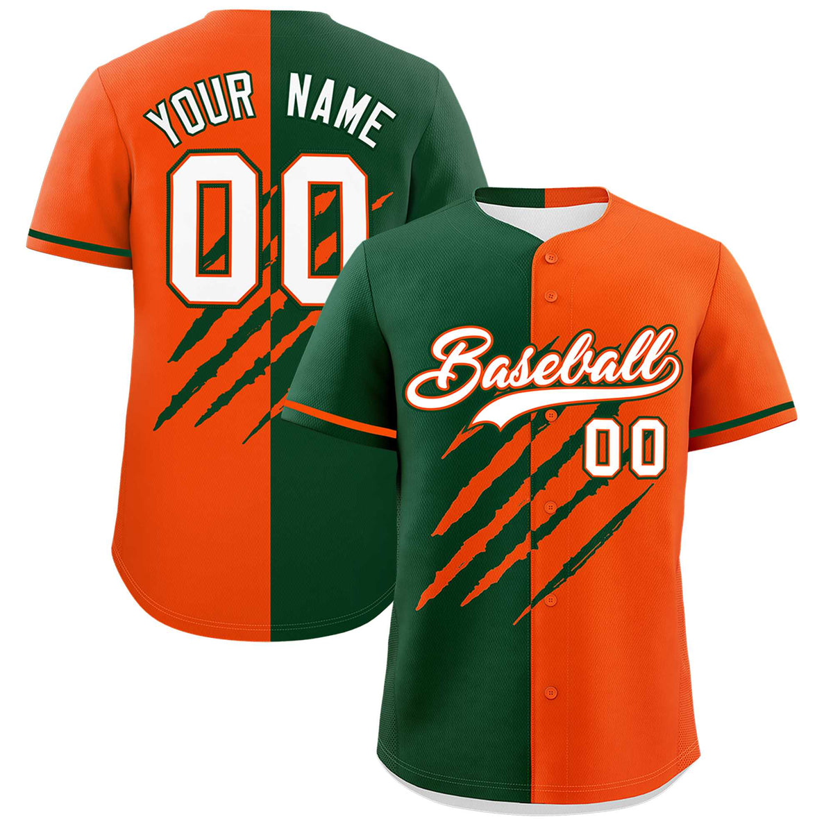 Custom Green Orange Split Tiger Claw Scratch Pattern Baseball Jersey