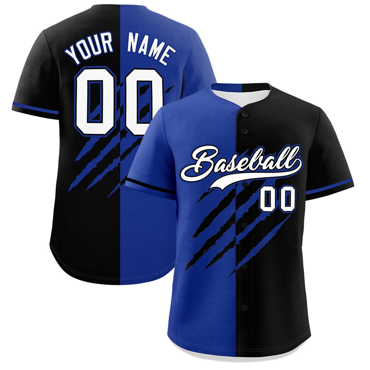 Custom Royal Blue Black Split Tiger Claw Scratch Pattern Baseball Jersey