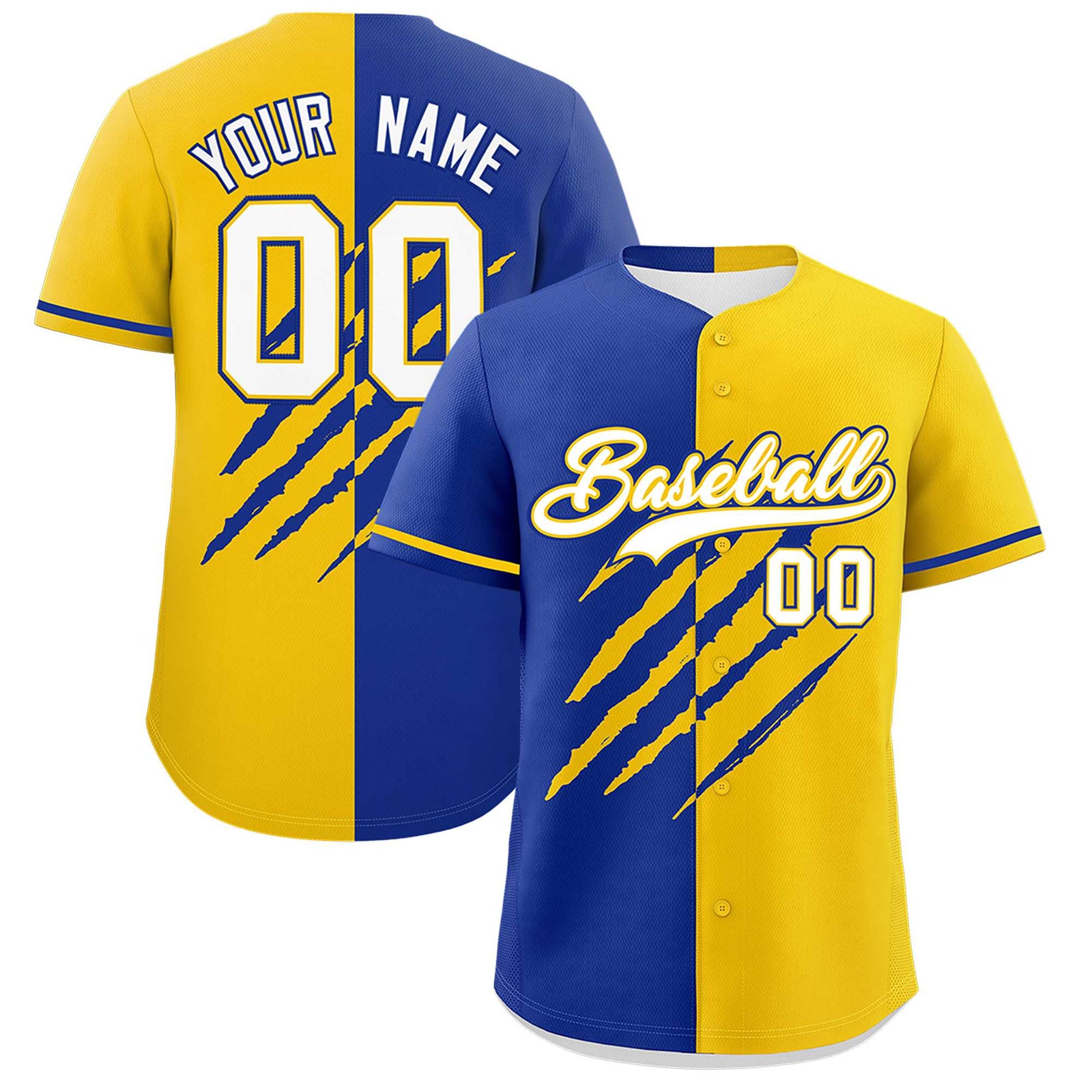 Custom Royal Blue Gold Split Tiger Claw Scratch Pattern Baseball Jersey