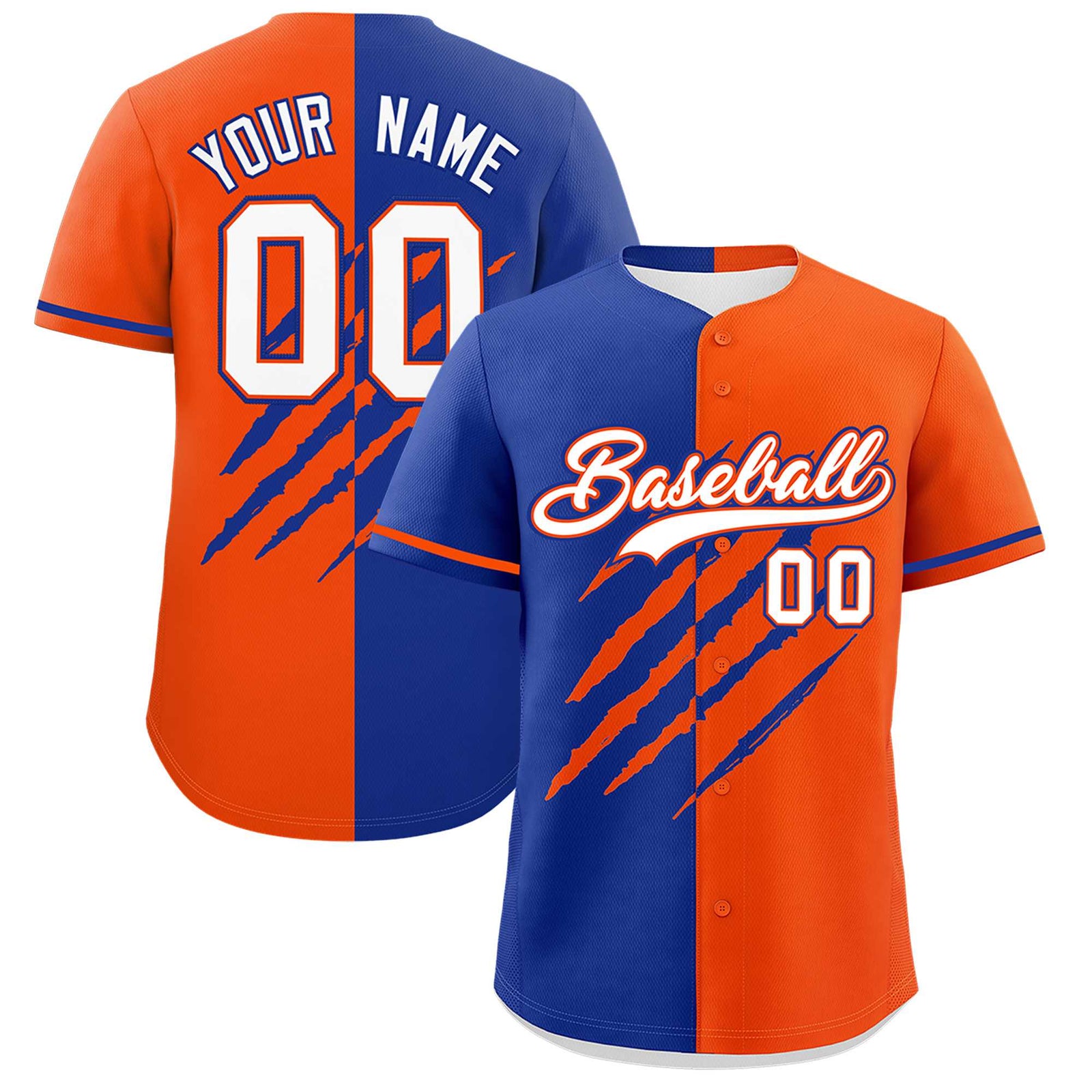 Custom Royal Blue Orange Split Tiger Claw Scratch Pattern Baseball Jersey
