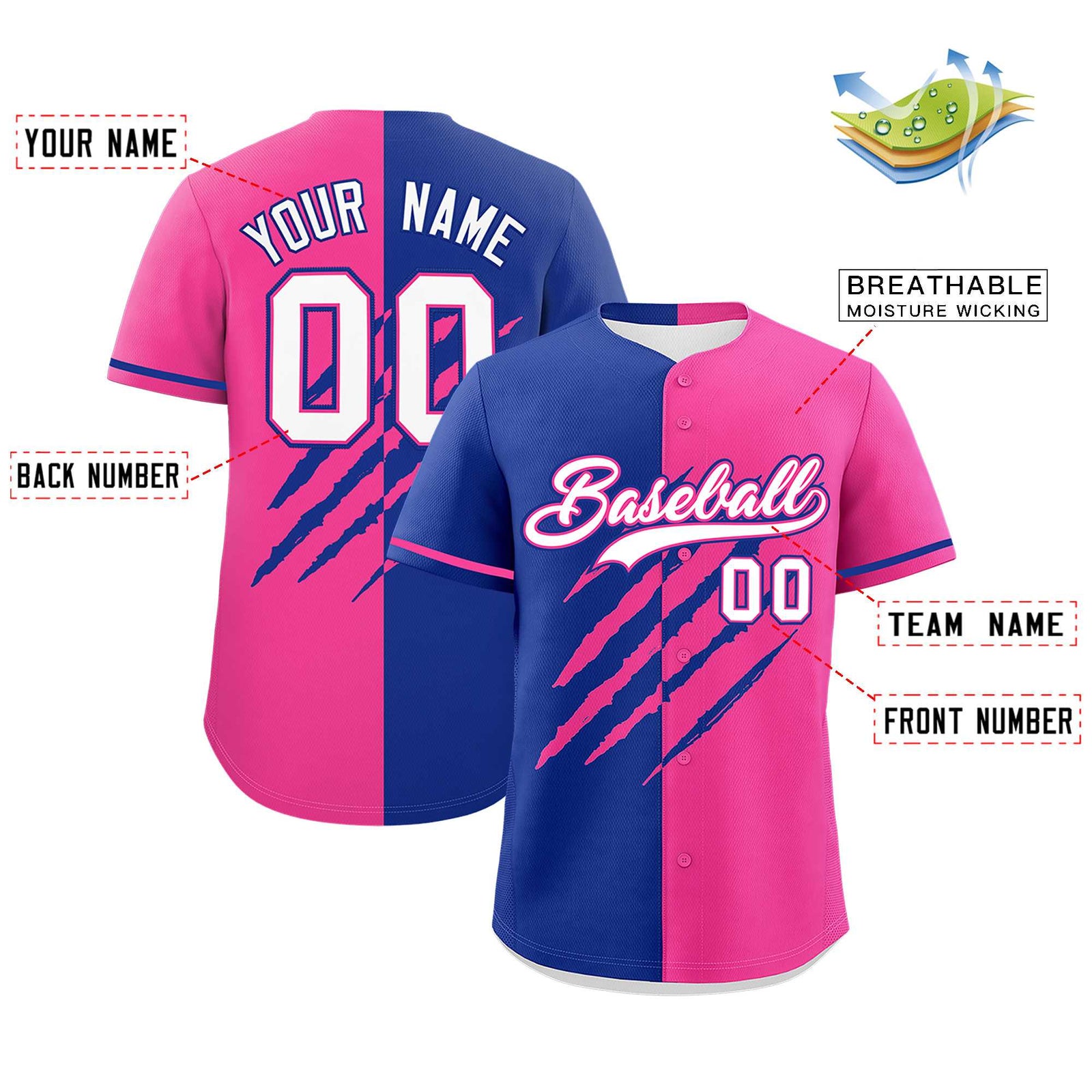 Custom Royal Blue Pink Split Tiger Claw Scratch Pattern Baseball Jersey