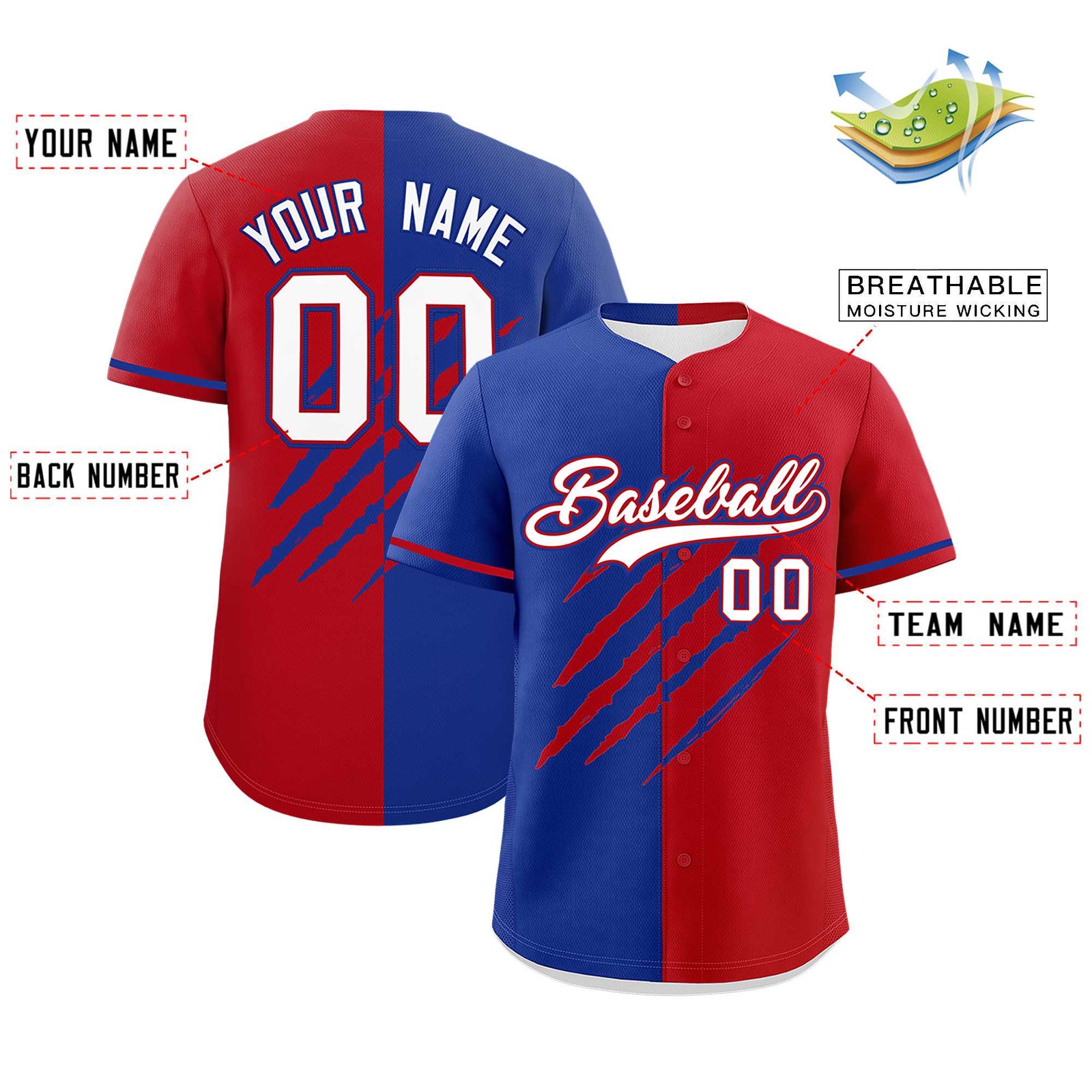 Custom Royal Blue Red Split Tiger Claw Scratch Pattern Baseball Jersey