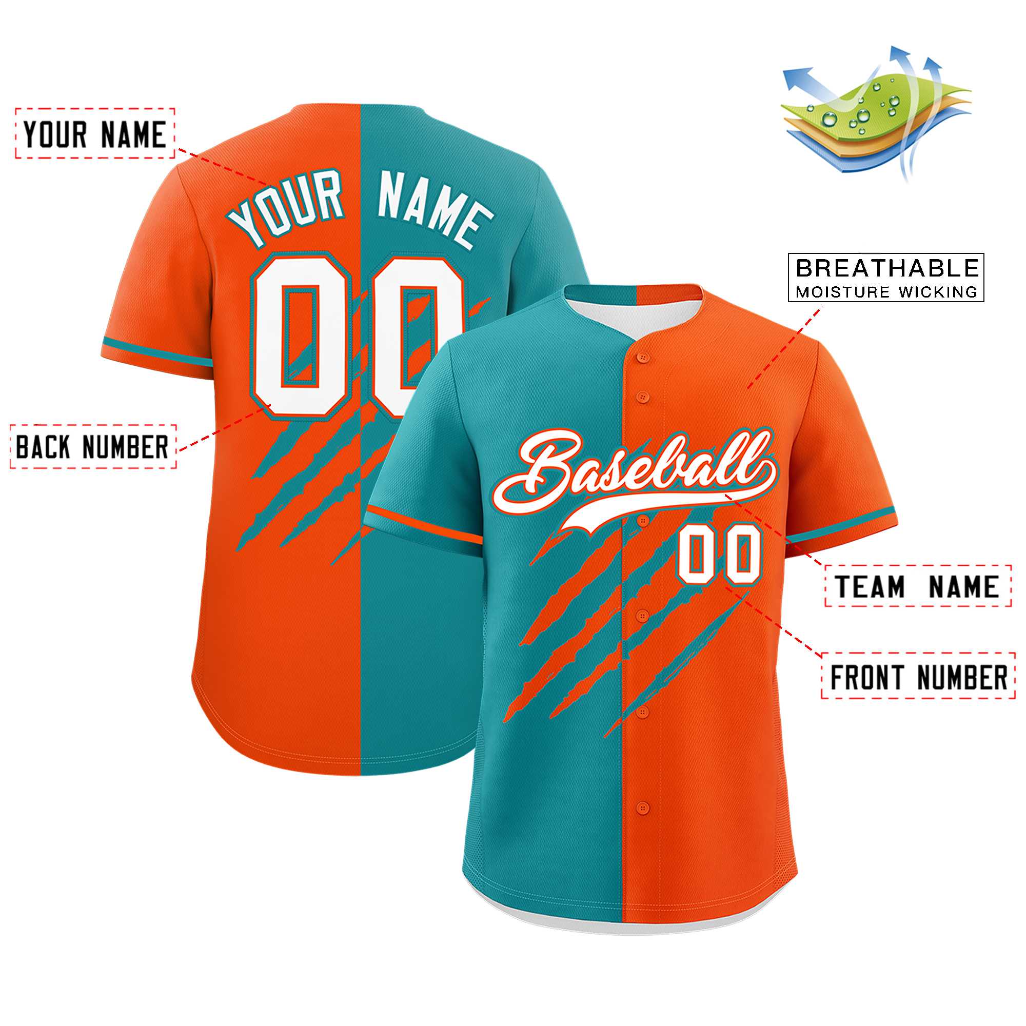 Custom Aqua Orange Split Tiger Claw Scratch Pattern Baseball Jersey