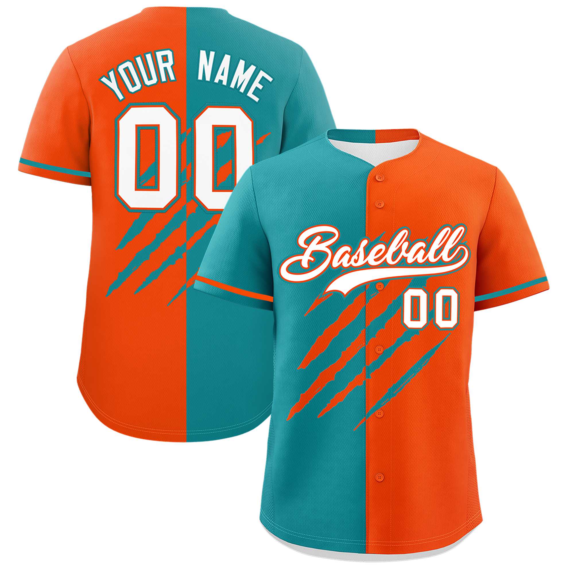 Custom Aqua Orange Split Tiger Claw Scratch Pattern Baseball Jersey