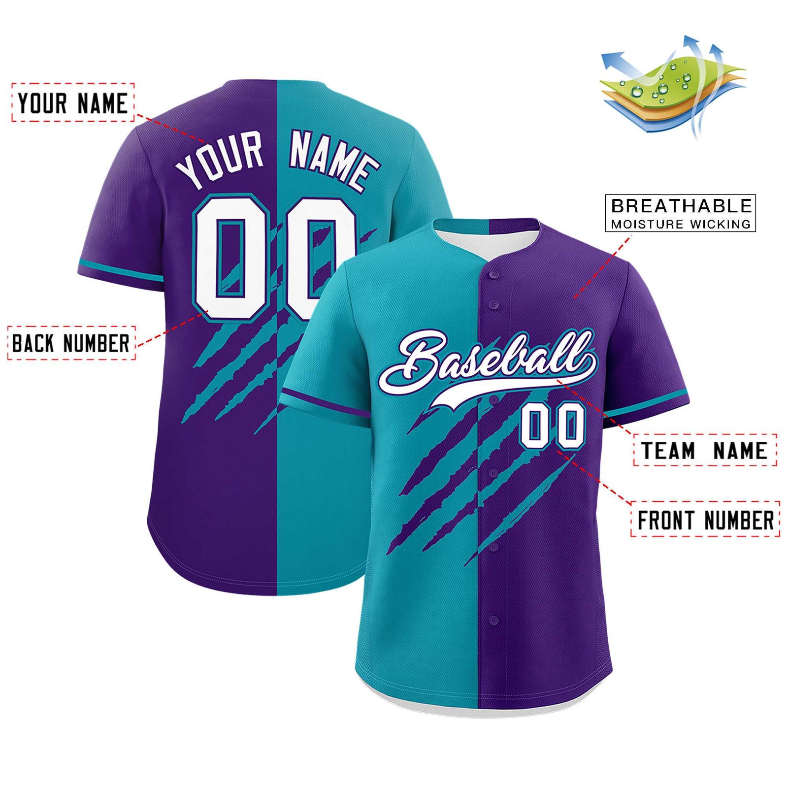 Custom Aqua Purple Split Tiger Claw Scratch Pattern Baseball Jersey