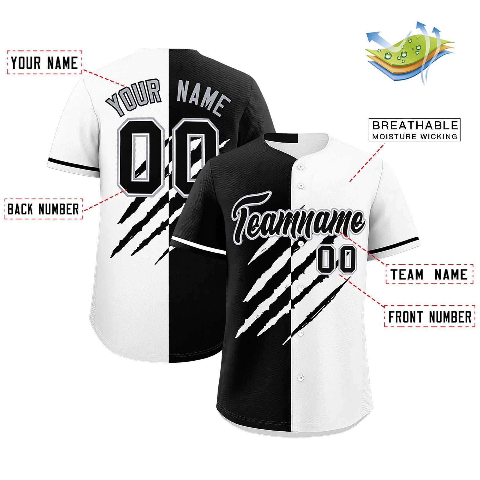 Custom Black White Split Tiger Claw Scratch Pattern Baseball Jersey