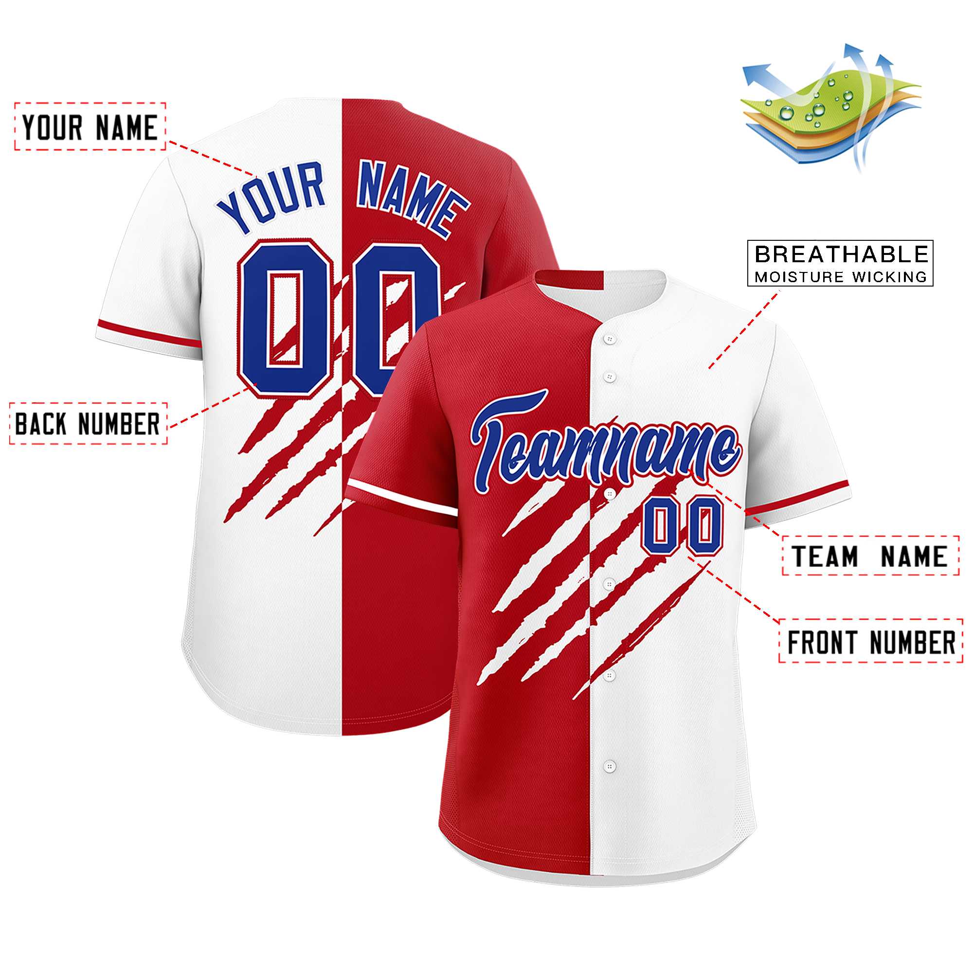 Custom Red White Split Tiger Claw Scratch Pattern Baseball Jersey