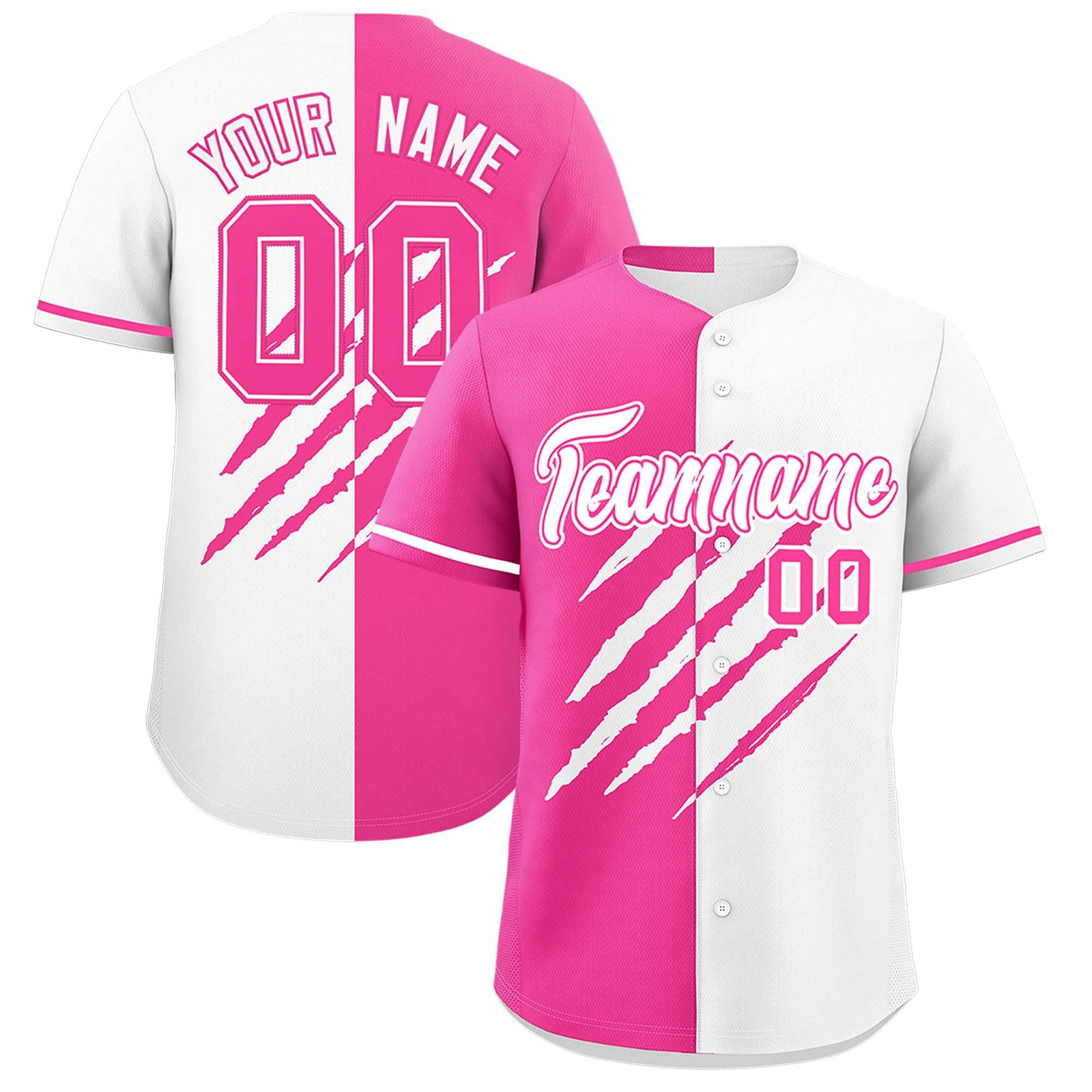 Custom Pink White Split Tiger Claw Scratch Pattern Baseball Jersey