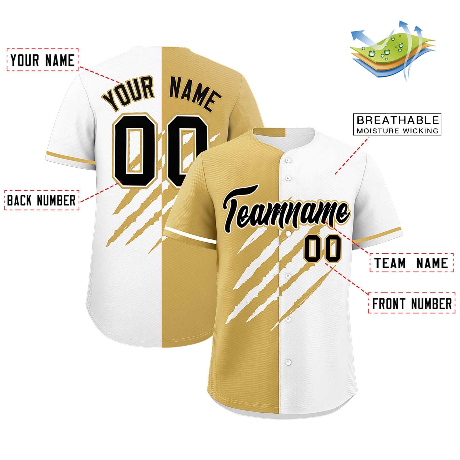 Custom Old Gold White Split Tiger Claw Scratch Pattern Baseball Jersey