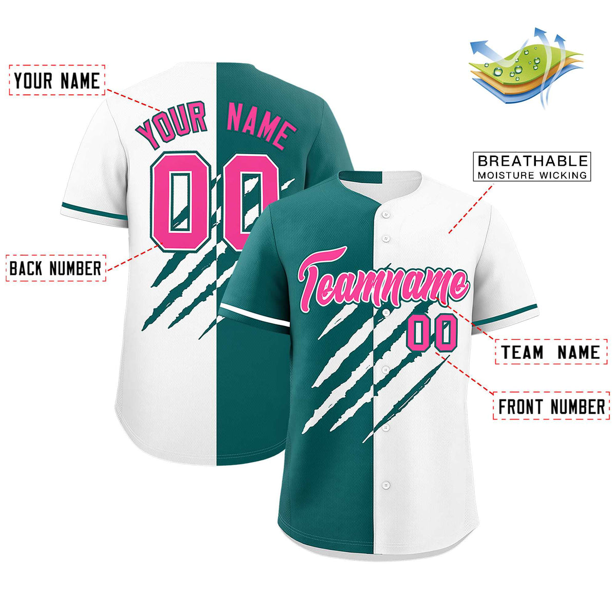Custom Teal White Split Tiger Claw Scratch Pattern Baseball Jersey