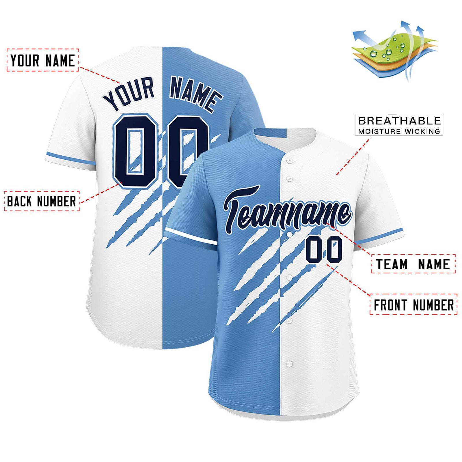 Custom Light Blue White Split Tiger Claw Scratch Pattern Baseball Jersey