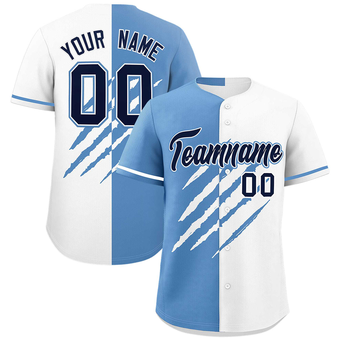 Custom Light Blue White Split Tiger Claw Scratch Pattern Baseball Jersey