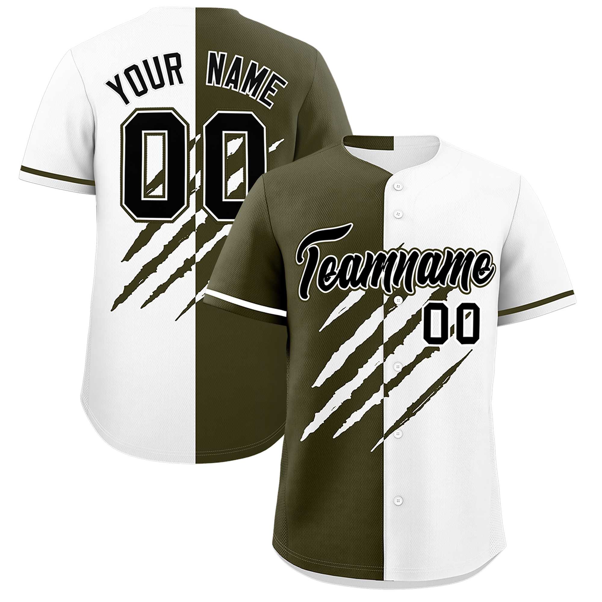 Custom Olive White Split Tiger Claw Scratch Pattern Baseball Jersey