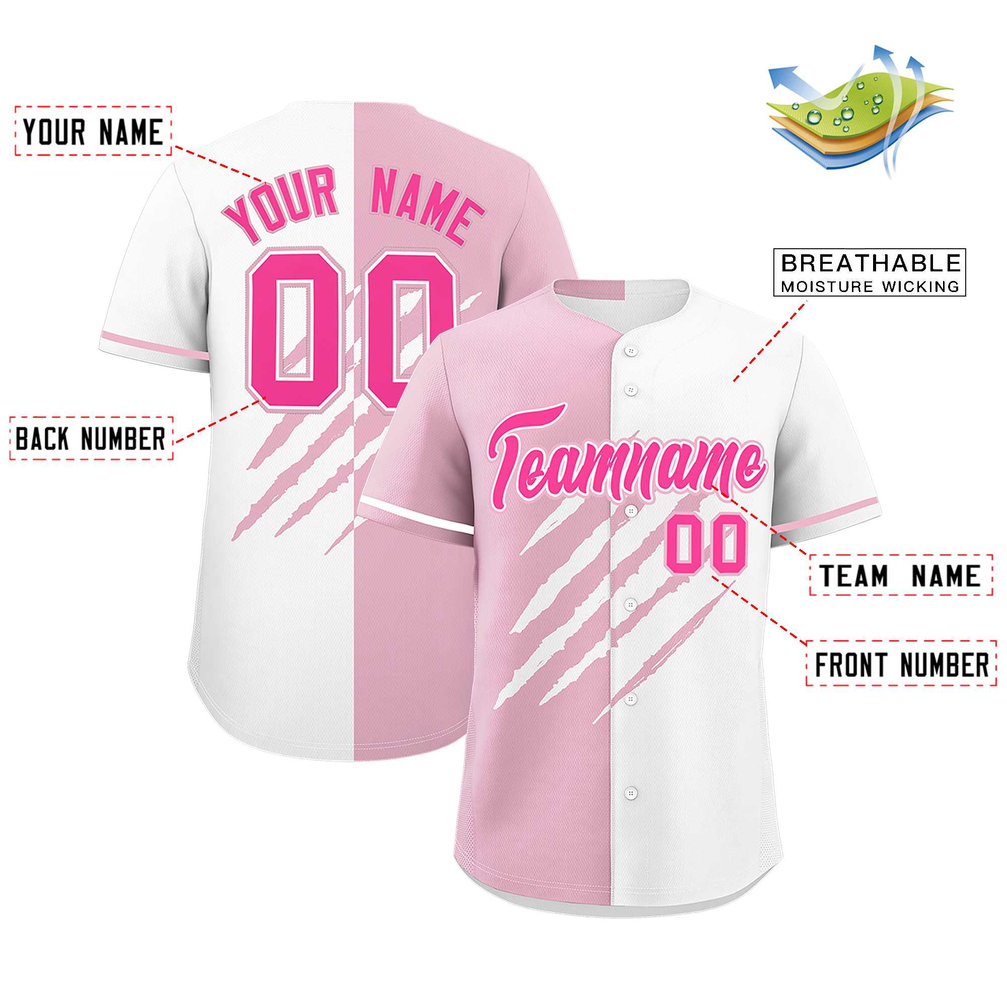 Custom Light Pink White Split Tiger Claw Scratch Pattern Baseball Jersey