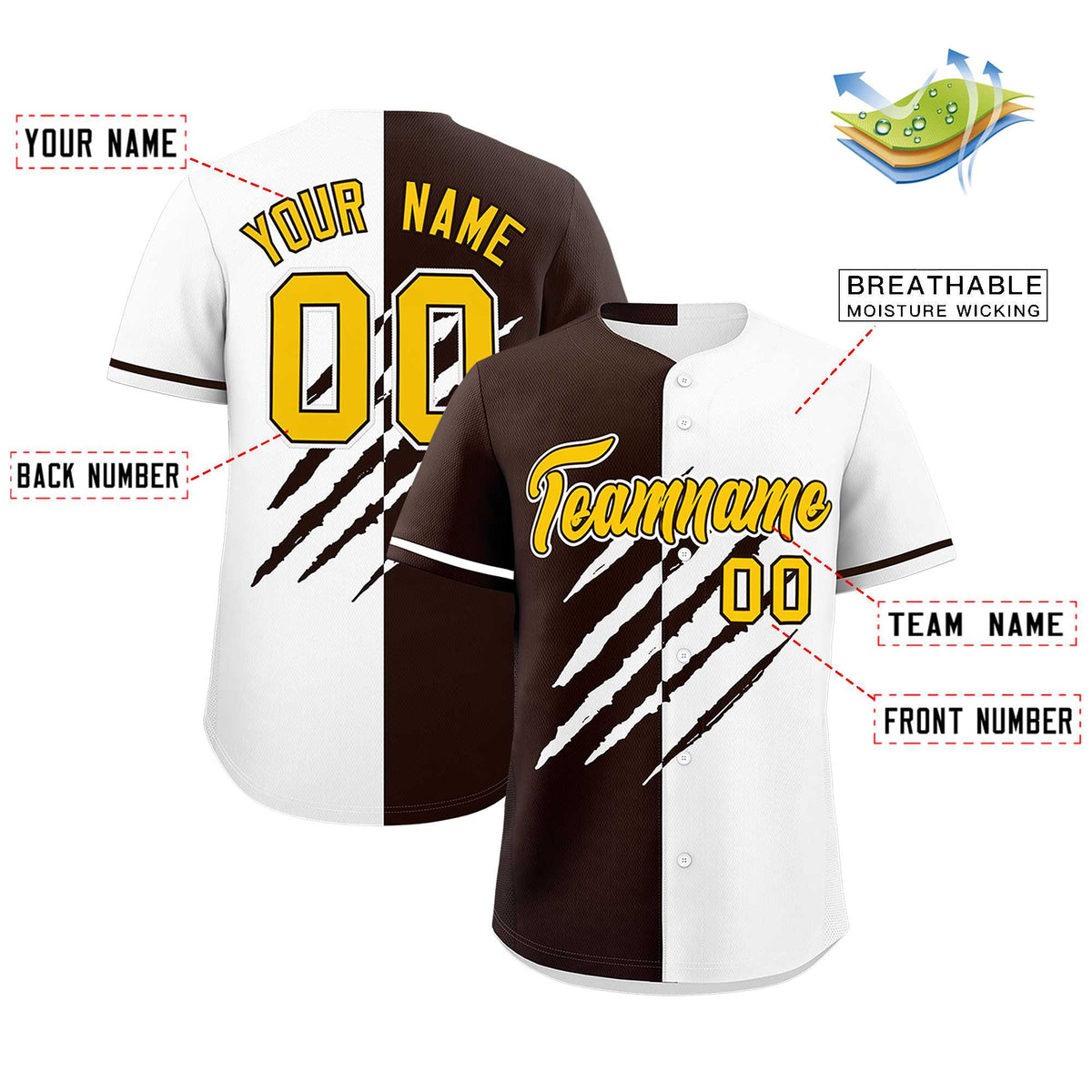 Custom Brown White Split Tiger Claw Scratch Pattern Baseball Jersey