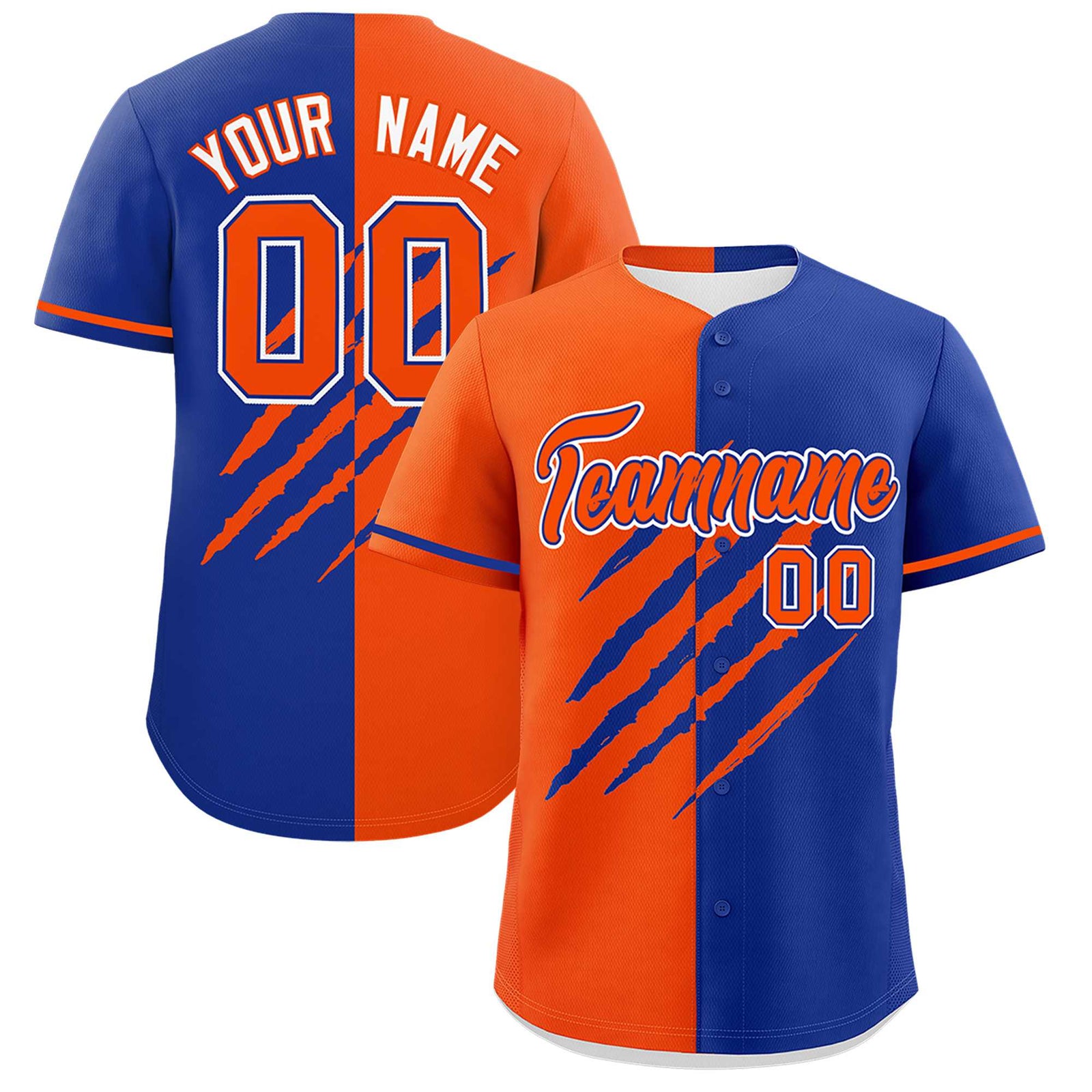 Custom Orange Royal Blue Split Tiger Claw Scratch Pattern Baseball Jersey
