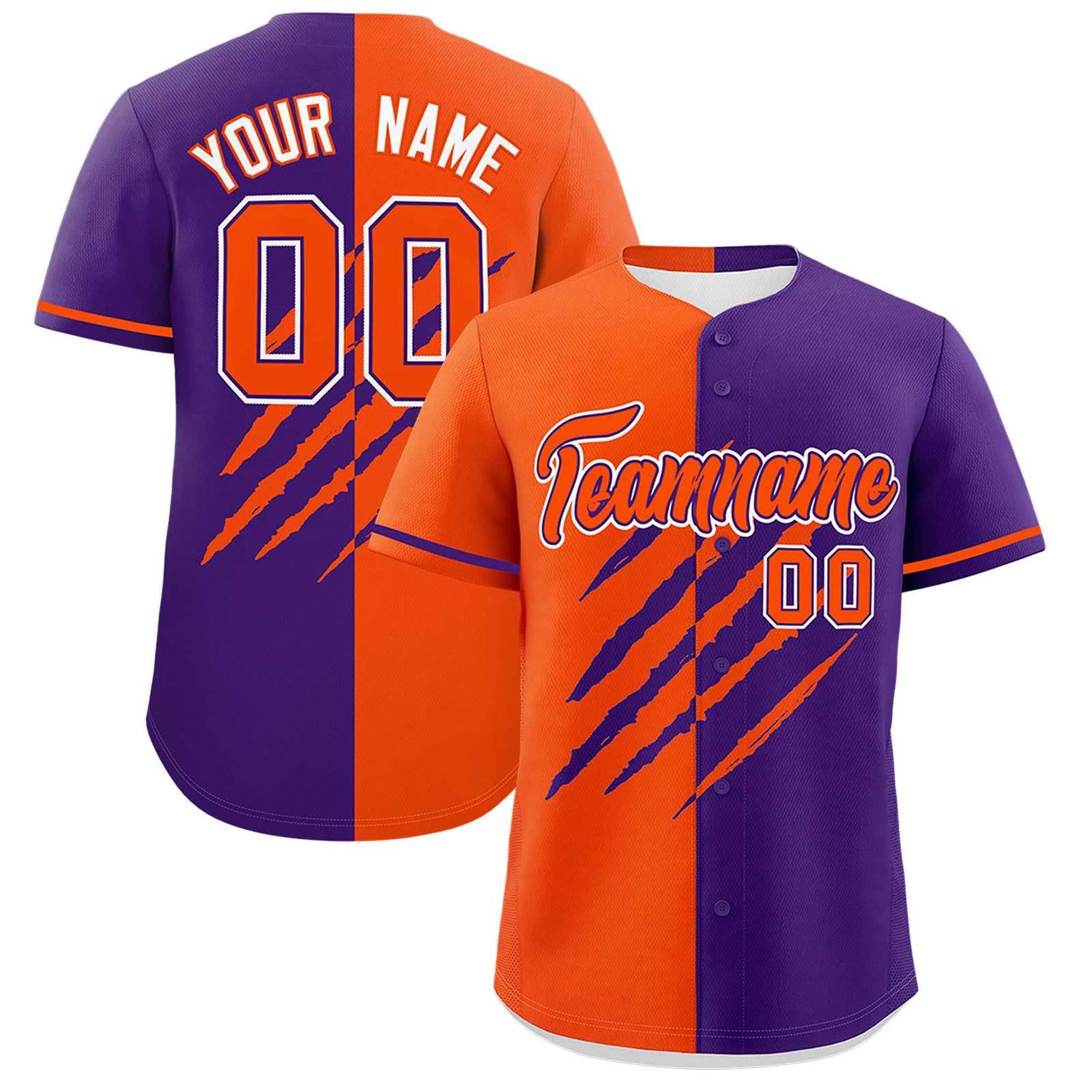 Custom Orange Purple Split Tiger Claw Scratch Pattern Baseball Jersey