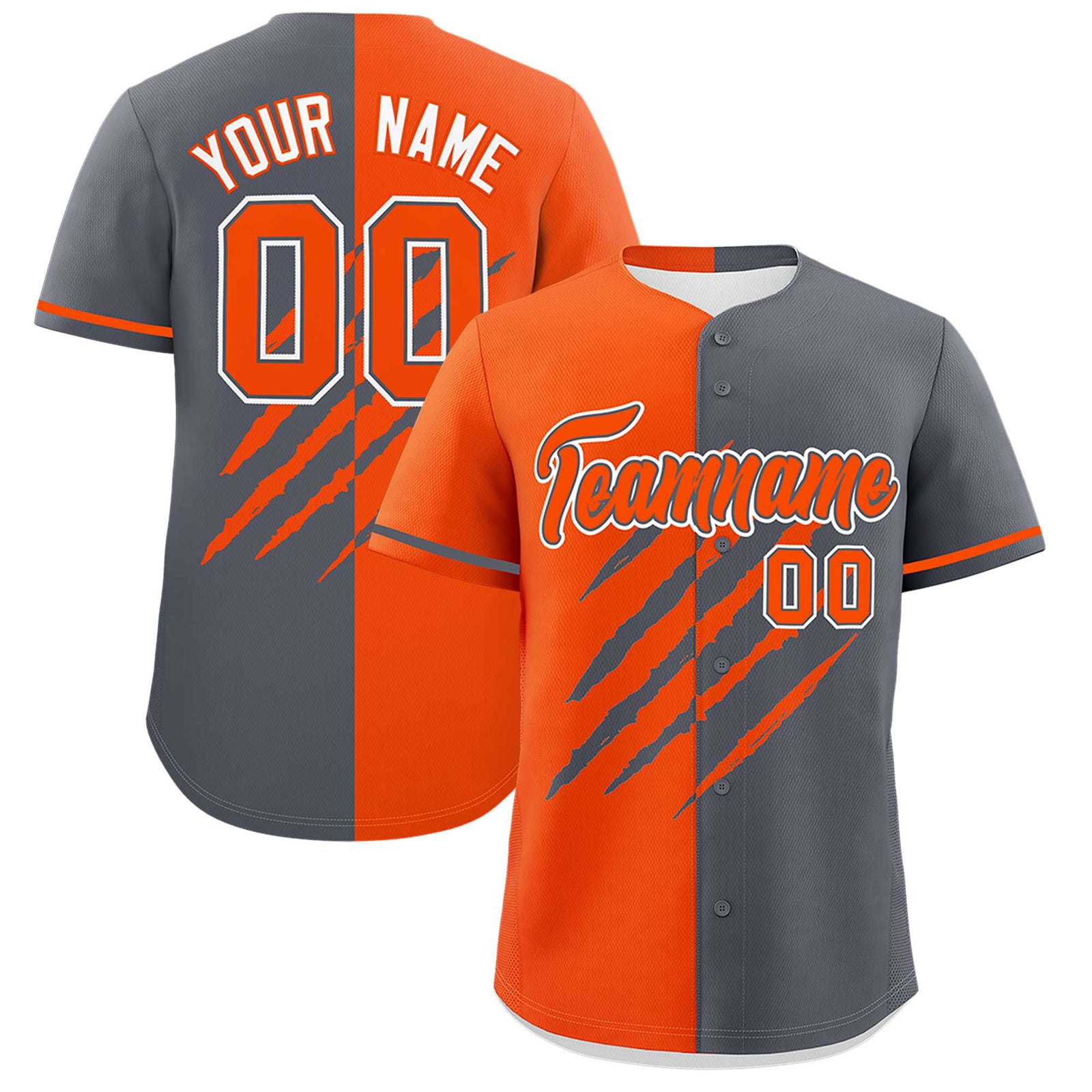 Custom Orange Dark Gray Split Tiger Claw Scratch Pattern Baseball Jersey