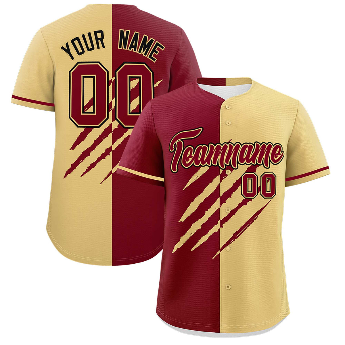 Custom Crimson Khaki Split Tiger Claw Scratch Pattern Baseball Jersey