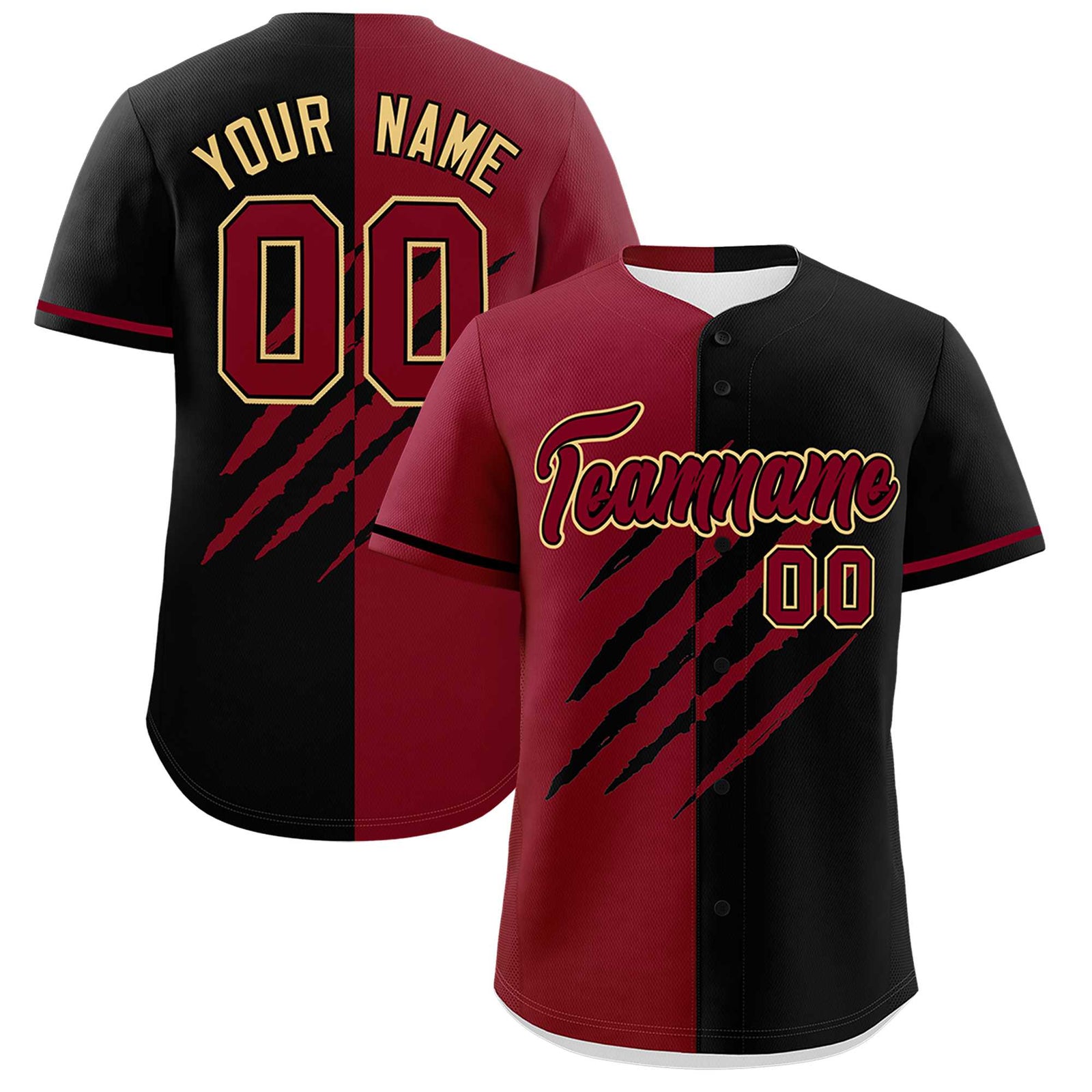 Custom Crimson Black Split Tiger Claw Scratch Pattern Baseball Jersey