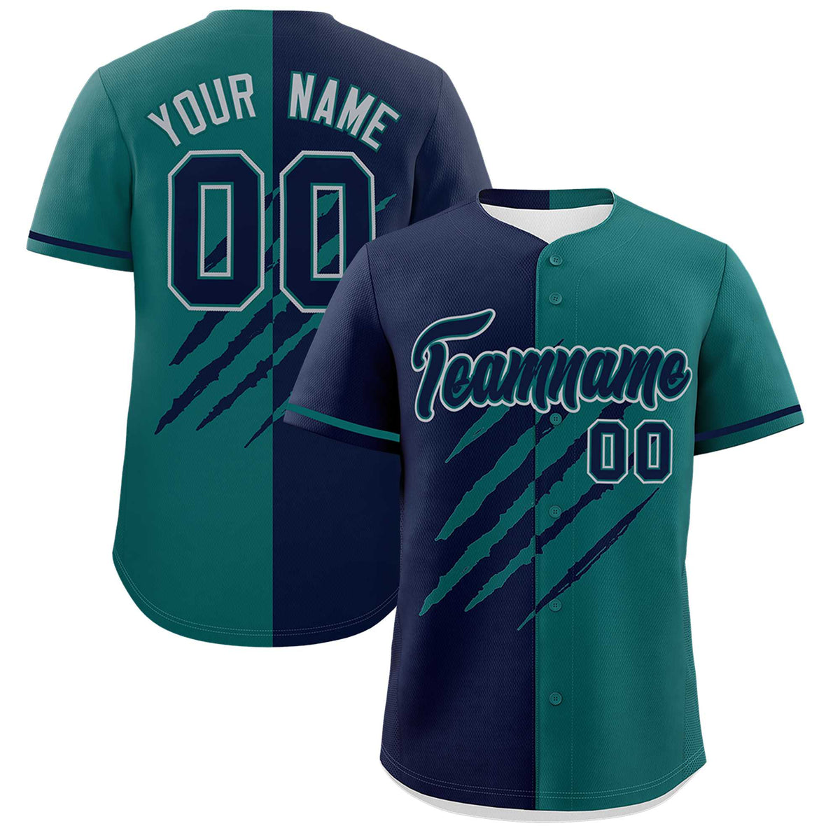 Custom Navy Teal Split Tiger Claw Scratch Pattern Baseball Jersey