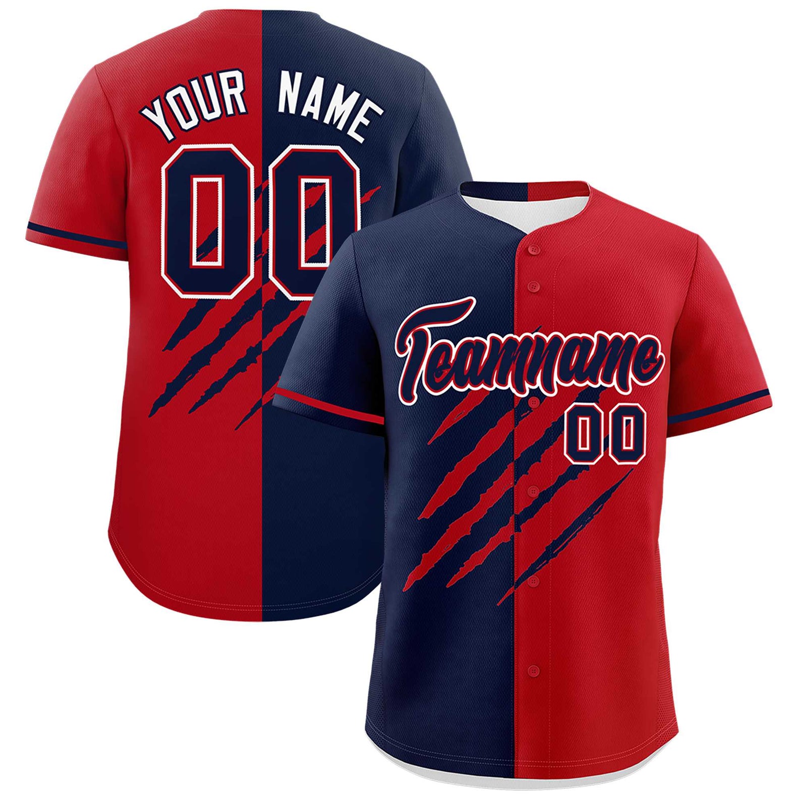 Custom Navy Red Split Tiger Claw Scratch Pattern Baseball Jersey