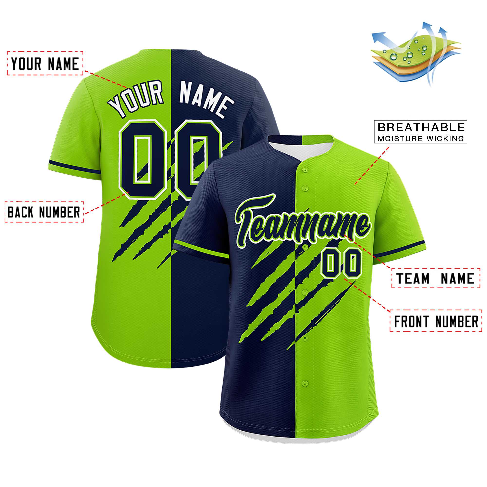 Custom Navy Neon Green Split Tiger Claw Scratch Pattern Baseball Jersey