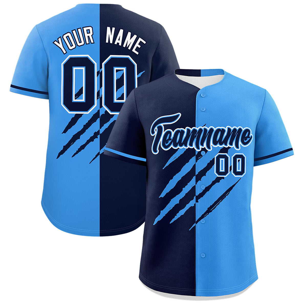 Custom Navy Powder Blue Split Tiger Claw Scratch Pattern Baseball Jersey