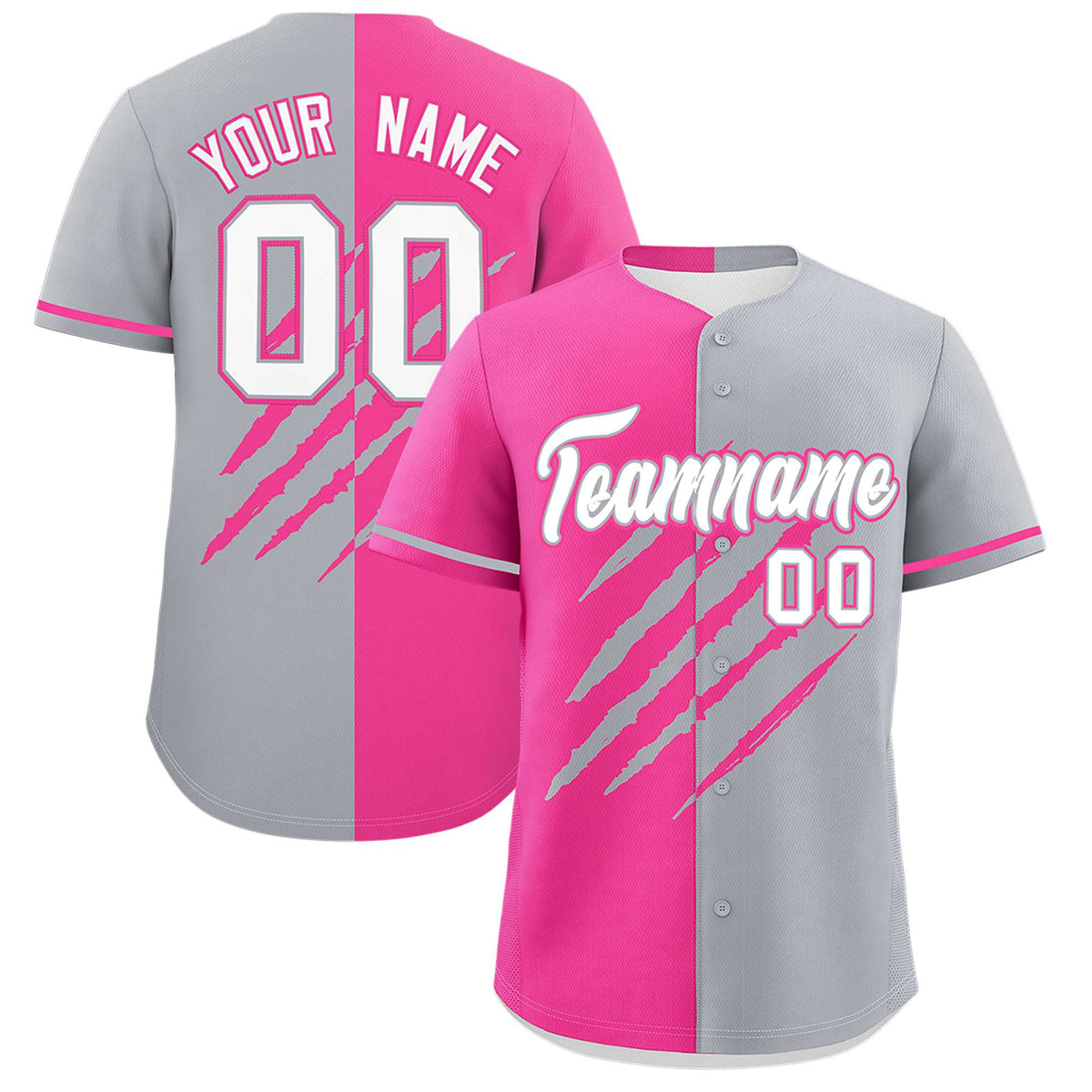 Custom Pink Gray Split Tiger Claw Scratch Pattern Baseball Jersey