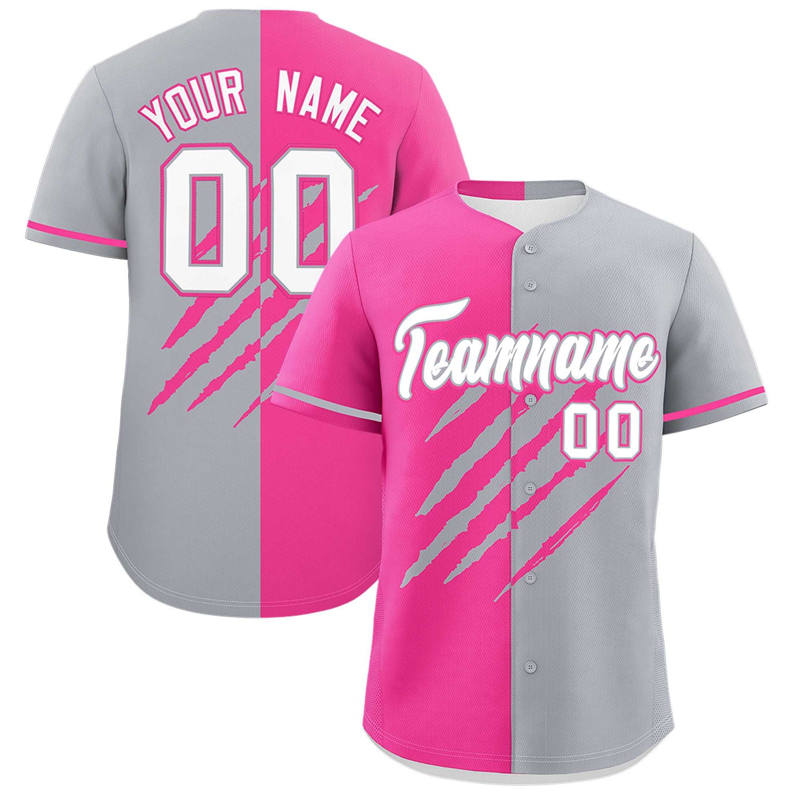 Custom Pink Gray Split Tiger Claw Scratch Pattern Baseball Jersey