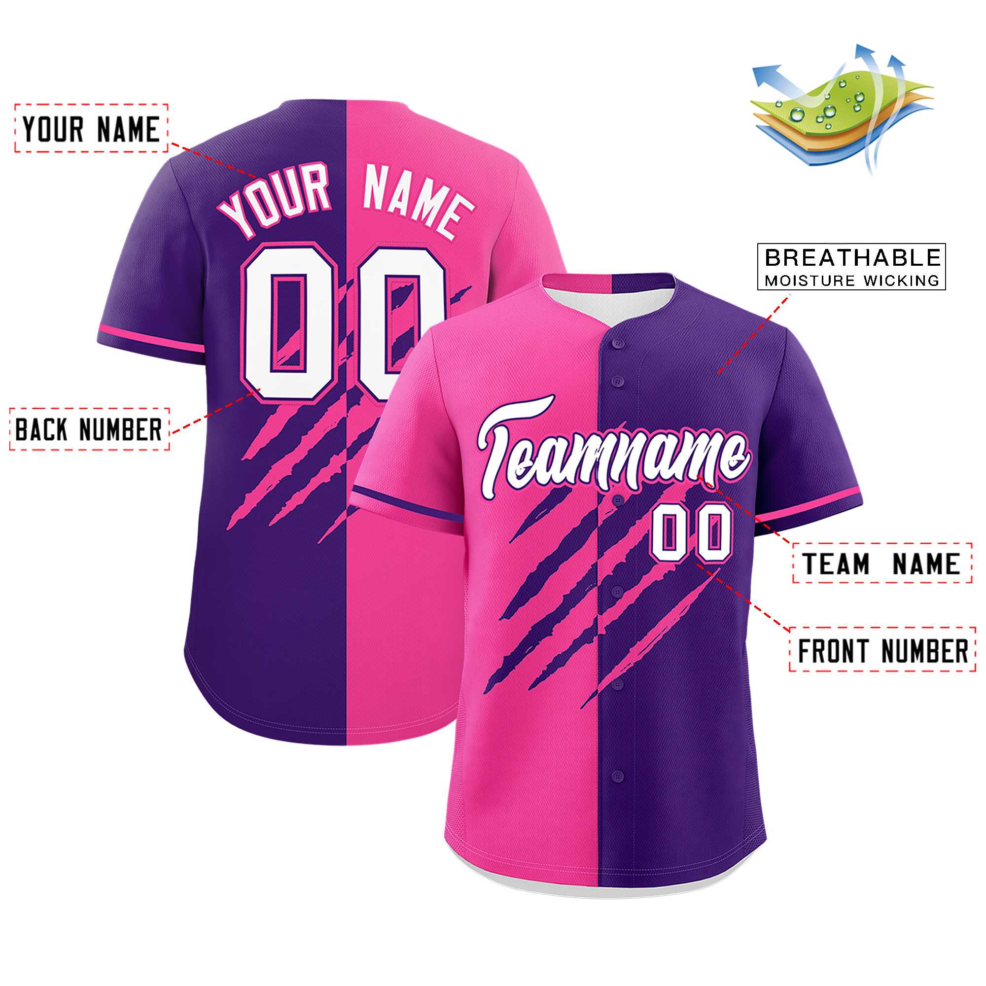 Custom Pink Purple Split Tiger Claw Scratch Pattern Baseball Jersey
