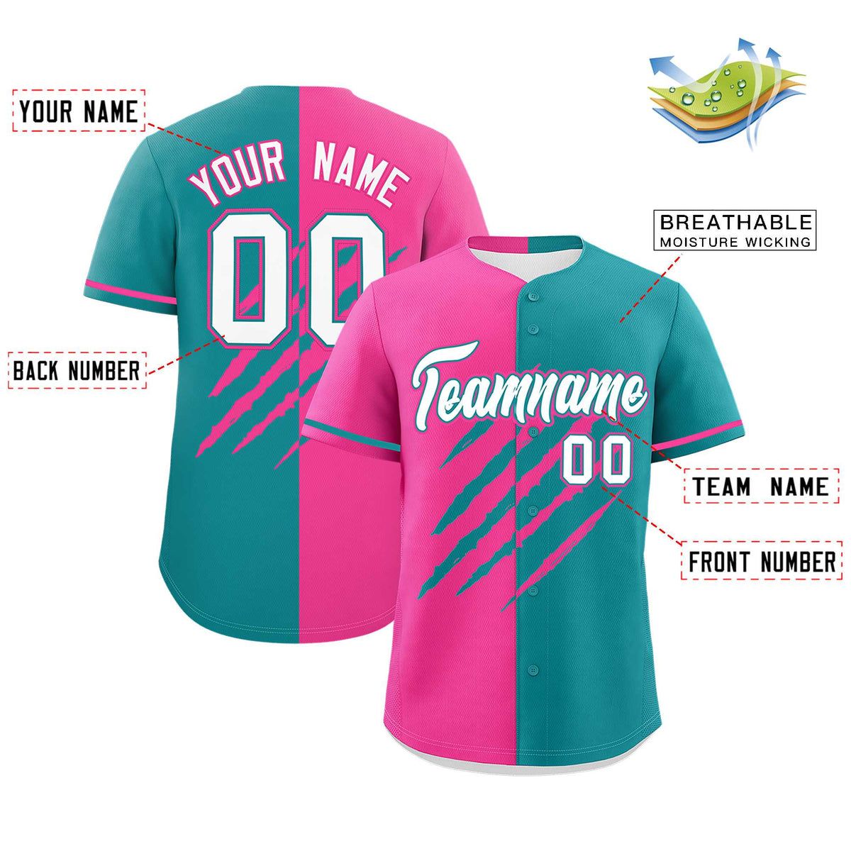 Custom Pink Aqua Split Tiger Claw Scratch Pattern Baseball Jersey