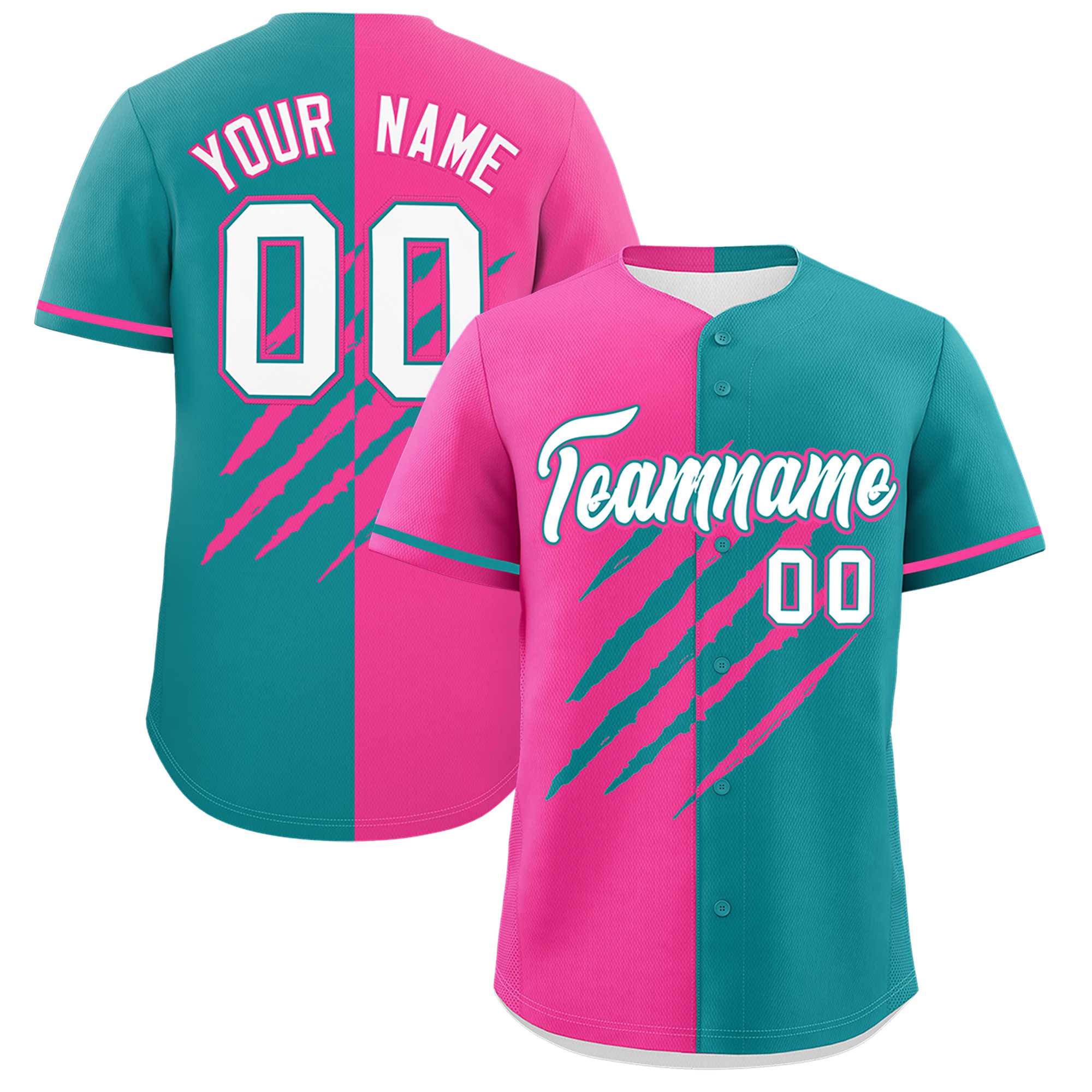 Custom Pink Aqua Split Tiger Claw Scratch Pattern Baseball Jersey