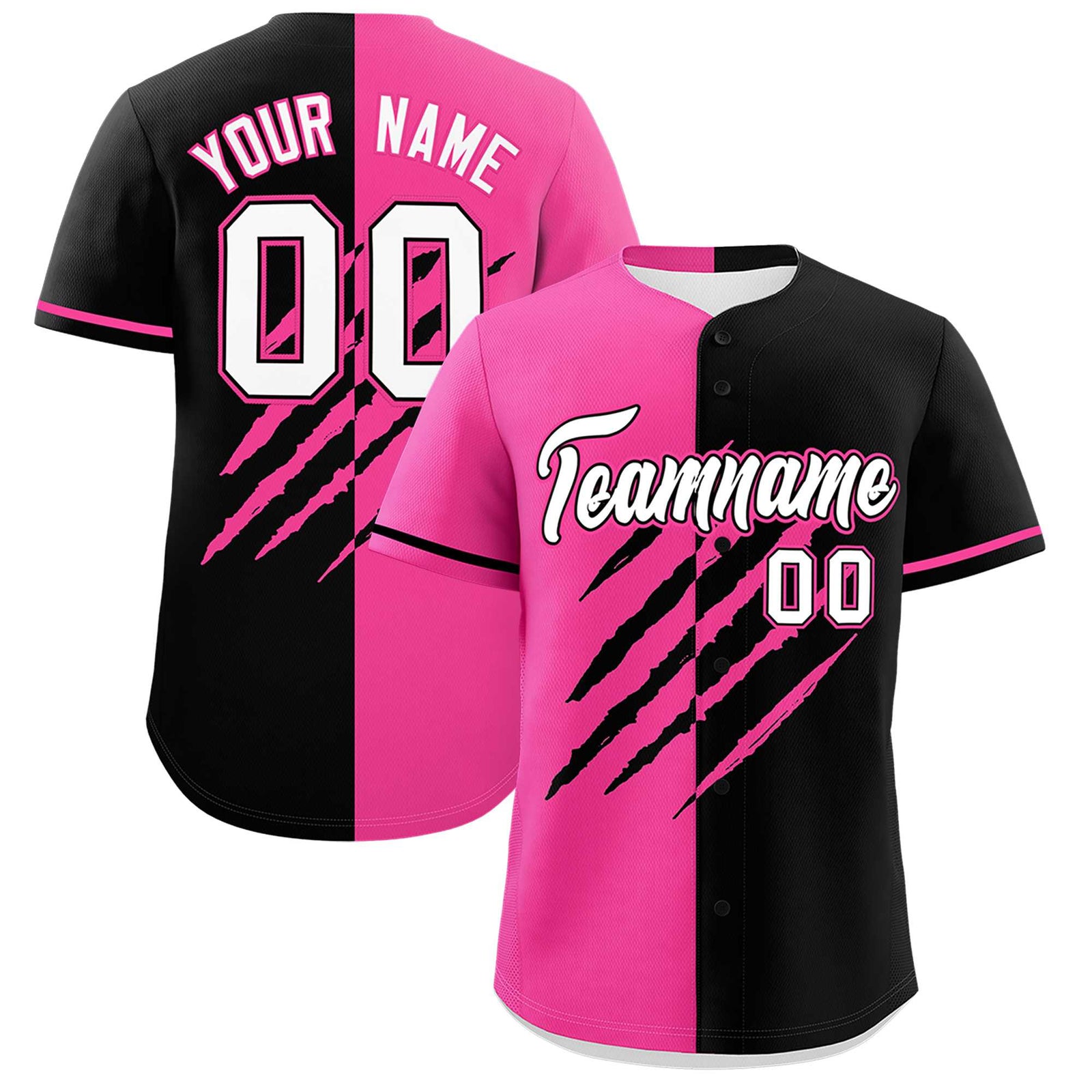 Custom Pink Black Split Tiger Claw Scratch Pattern Baseball Jersey