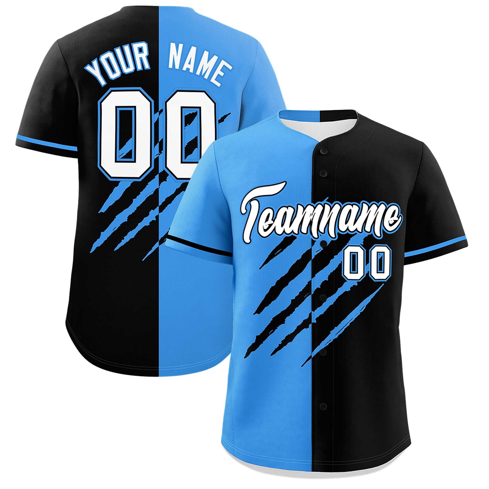 Custom Powder Blue Black Split Tiger Claw Scratch Pattern Baseball Jersey