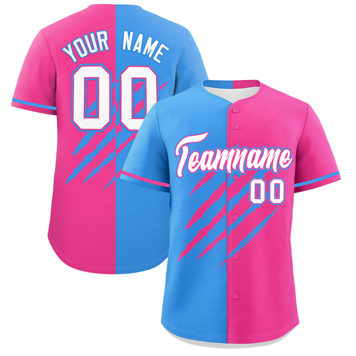 Custom Powder Blue Pink Split Tiger Claw Scratch Pattern Baseball Jersey