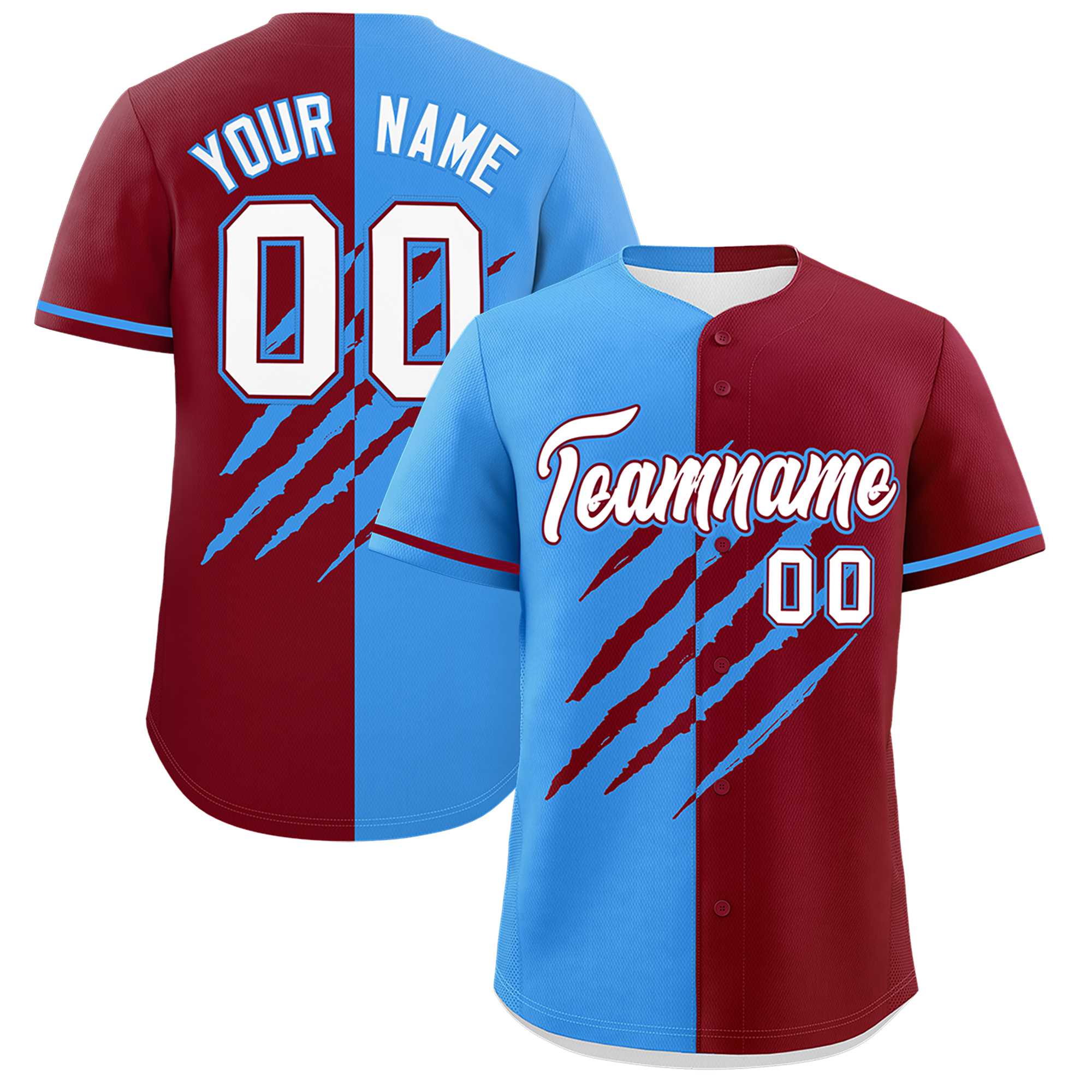 Custom Powder Blue Crimson Split Tiger Claw Scratch Pattern Baseball Jersey