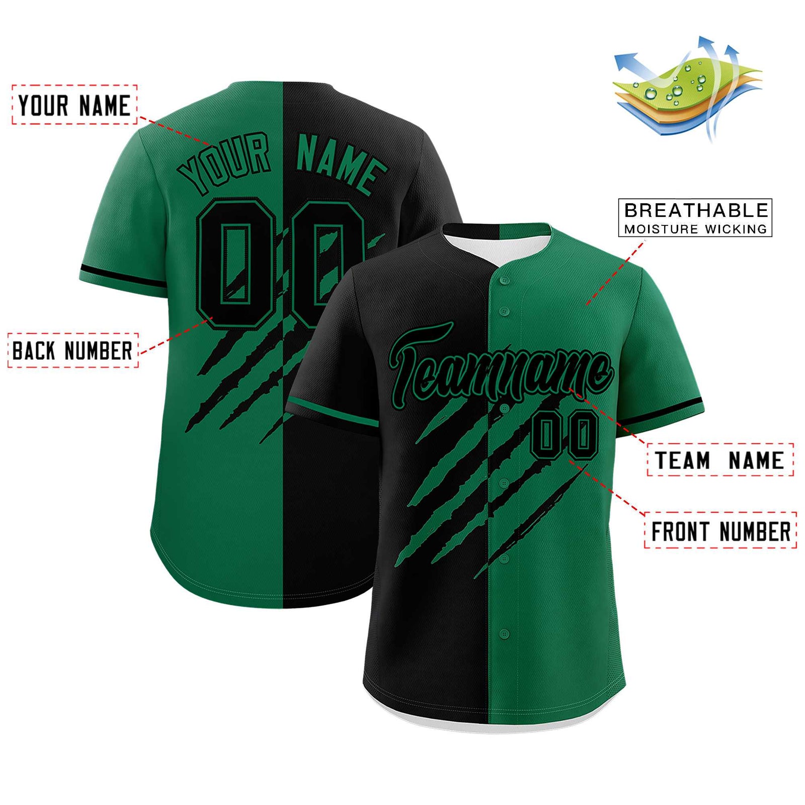 Custom Black Kelly Green Split Tiger Claw Scratch Pattern Baseball Jersey