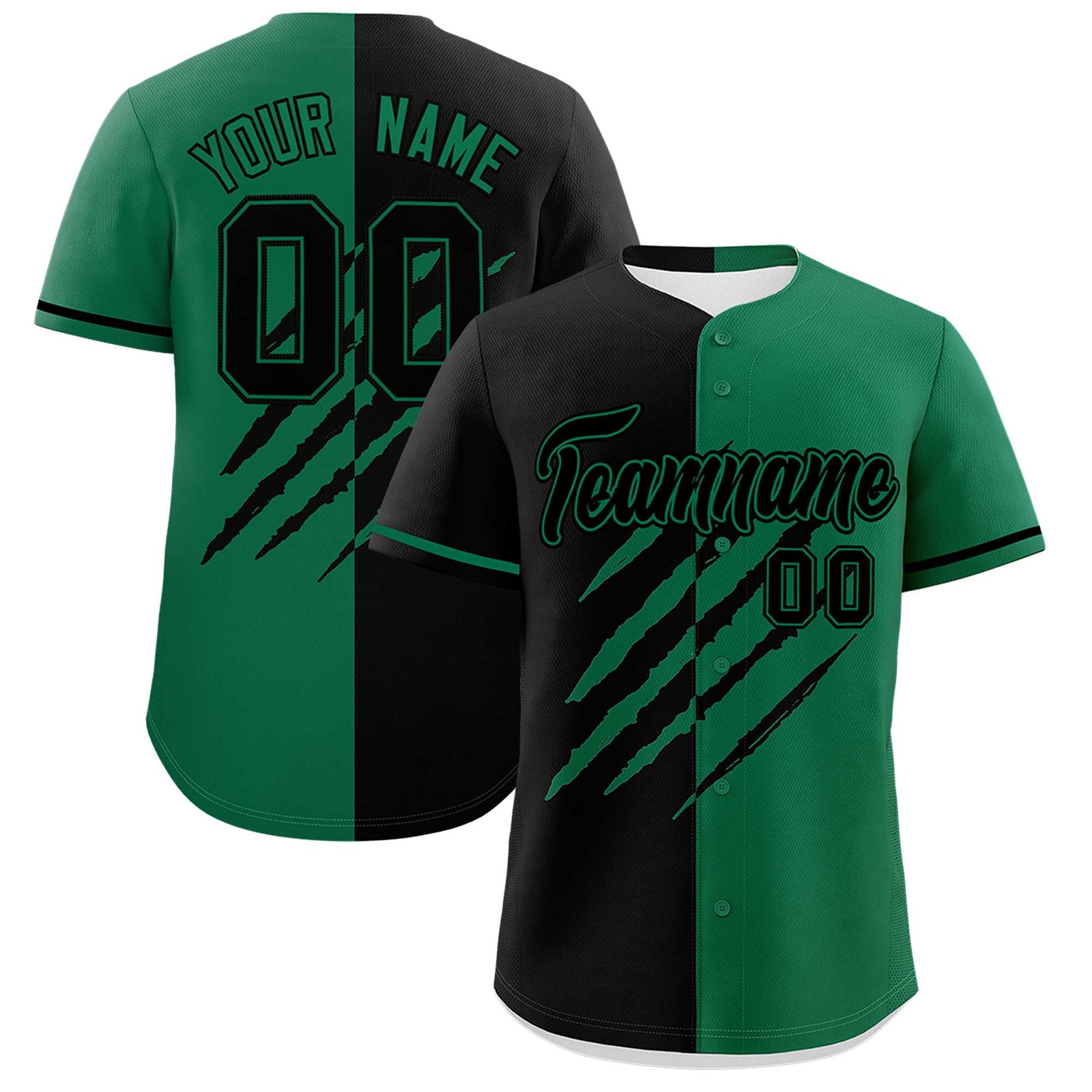 Custom Black Kelly Green Split Tiger Claw Scratch Pattern Baseball Jersey