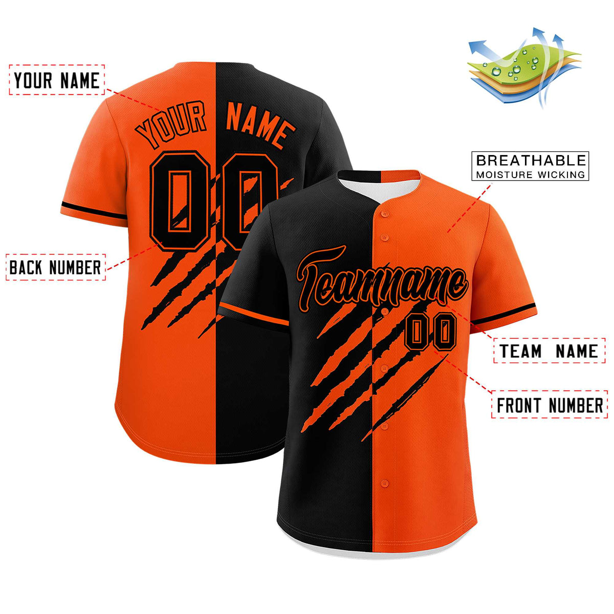 Custom Black Orange Split Tiger Claw Scratch Pattern Baseball Jersey