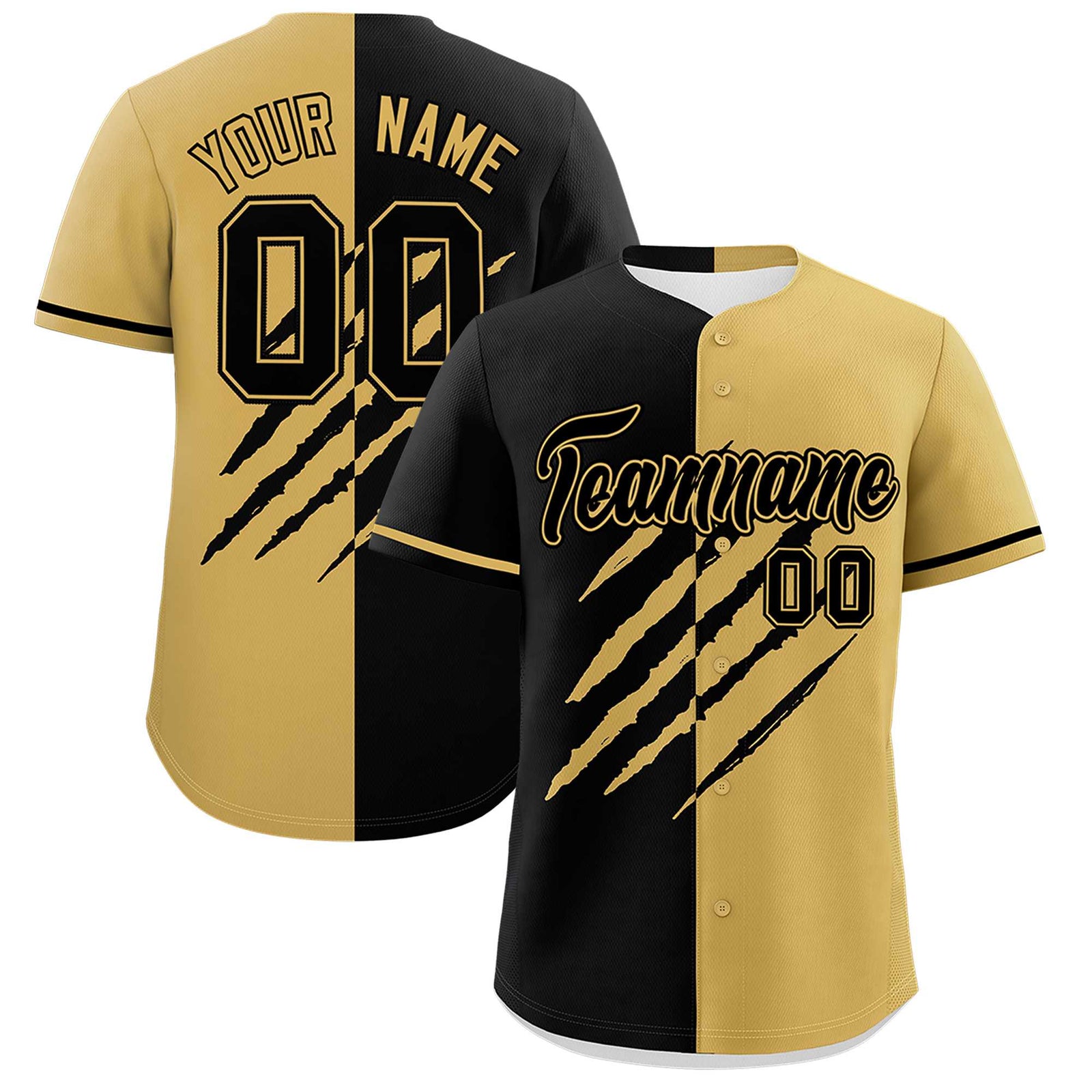 Custom Black Old Gold Split Tiger Claw Scratch Pattern Baseball Jersey