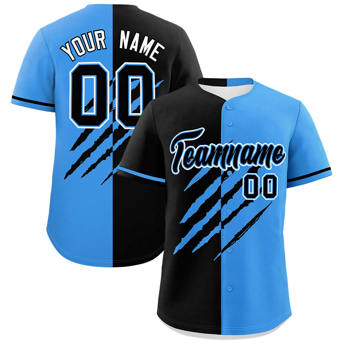 Custom Black Powder Blue Split Tiger Claw Scratch Pattern Baseball Jersey
