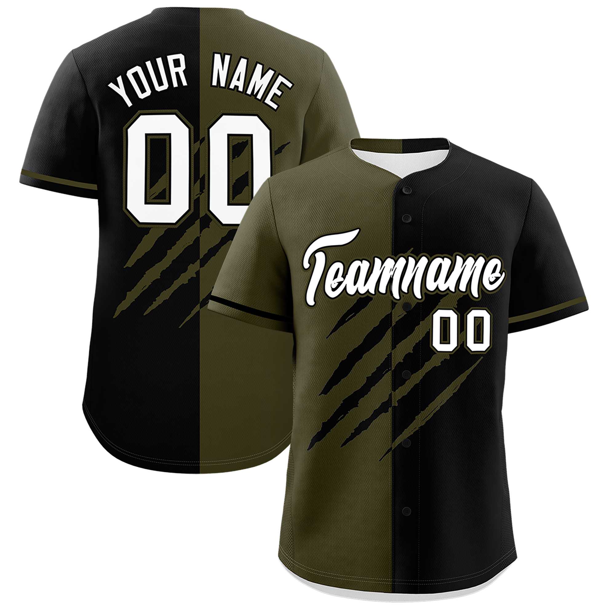 Custom Olive Black Split Tiger Claw Scratch Pattern Baseball Jersey