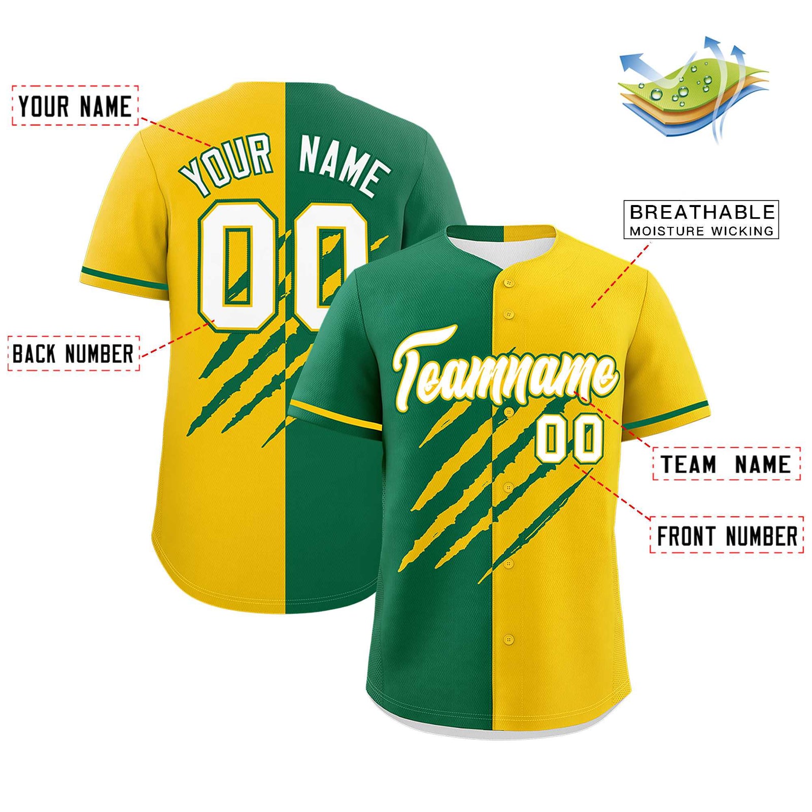 Custom Kelly Green Gold Split Tiger Claw Scratch Pattern Baseball Jersey