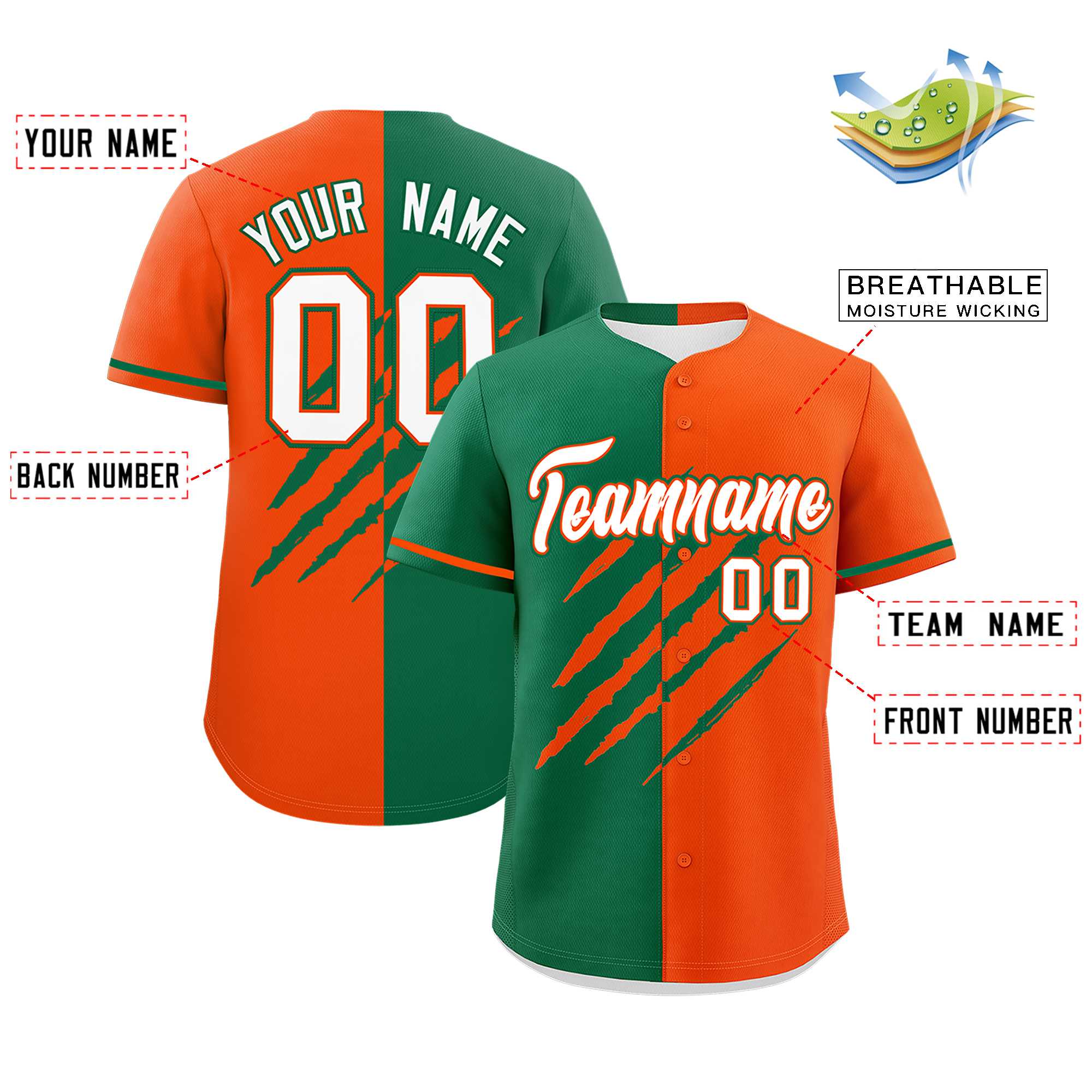 Custom Kelly Green Orange Split Tiger Claw Scratch Pattern Baseball Jersey