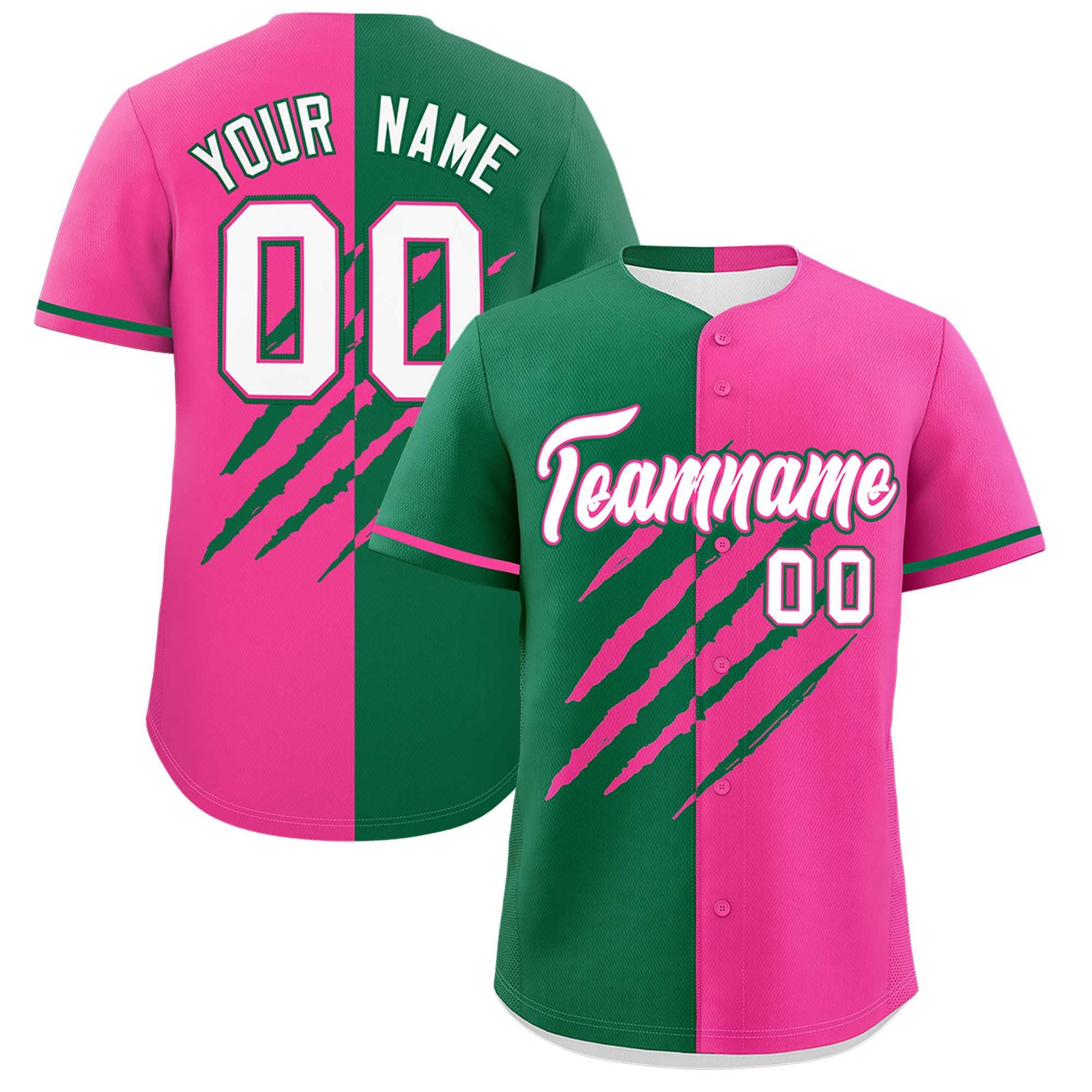 Custom Kelly Green Pink Split Tiger Claw Scratch Pattern Baseball Jersey