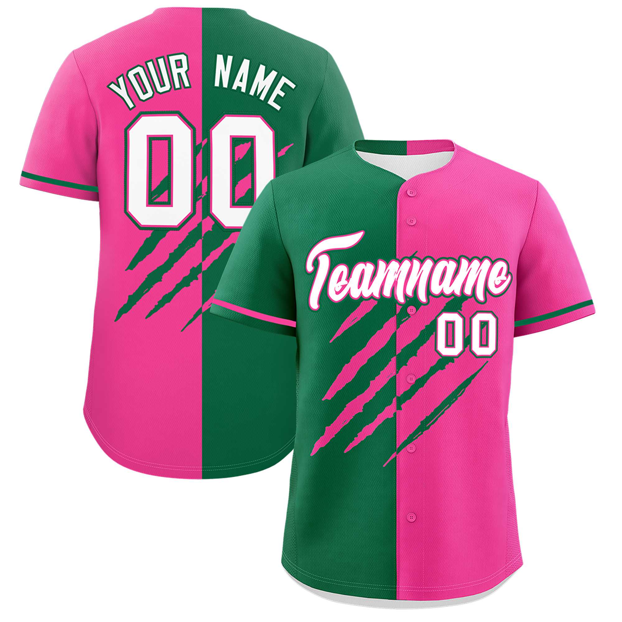 Custom Kelly Green Pink Split Tiger Claw Scratch Pattern Baseball Jersey