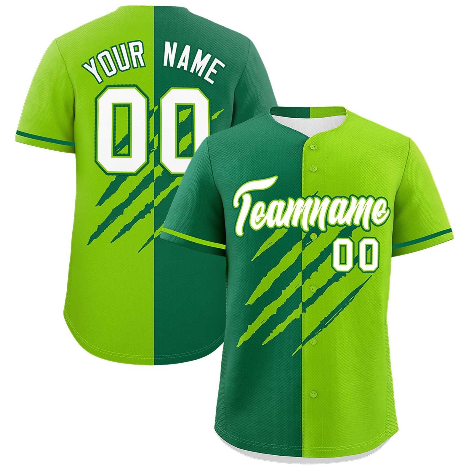 Custom Kelly Green Neon Green Split Tiger Claw Scratch Pattern Baseball Jersey