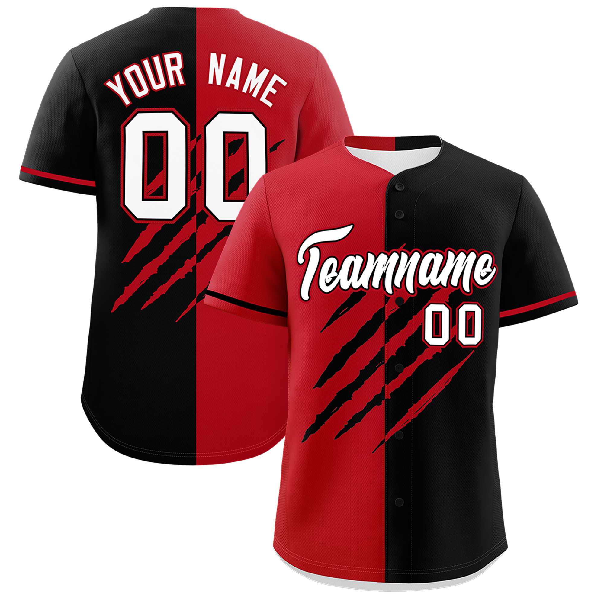 Custom Red Black Split Tiger Claw Scratch Pattern Baseball Jersey