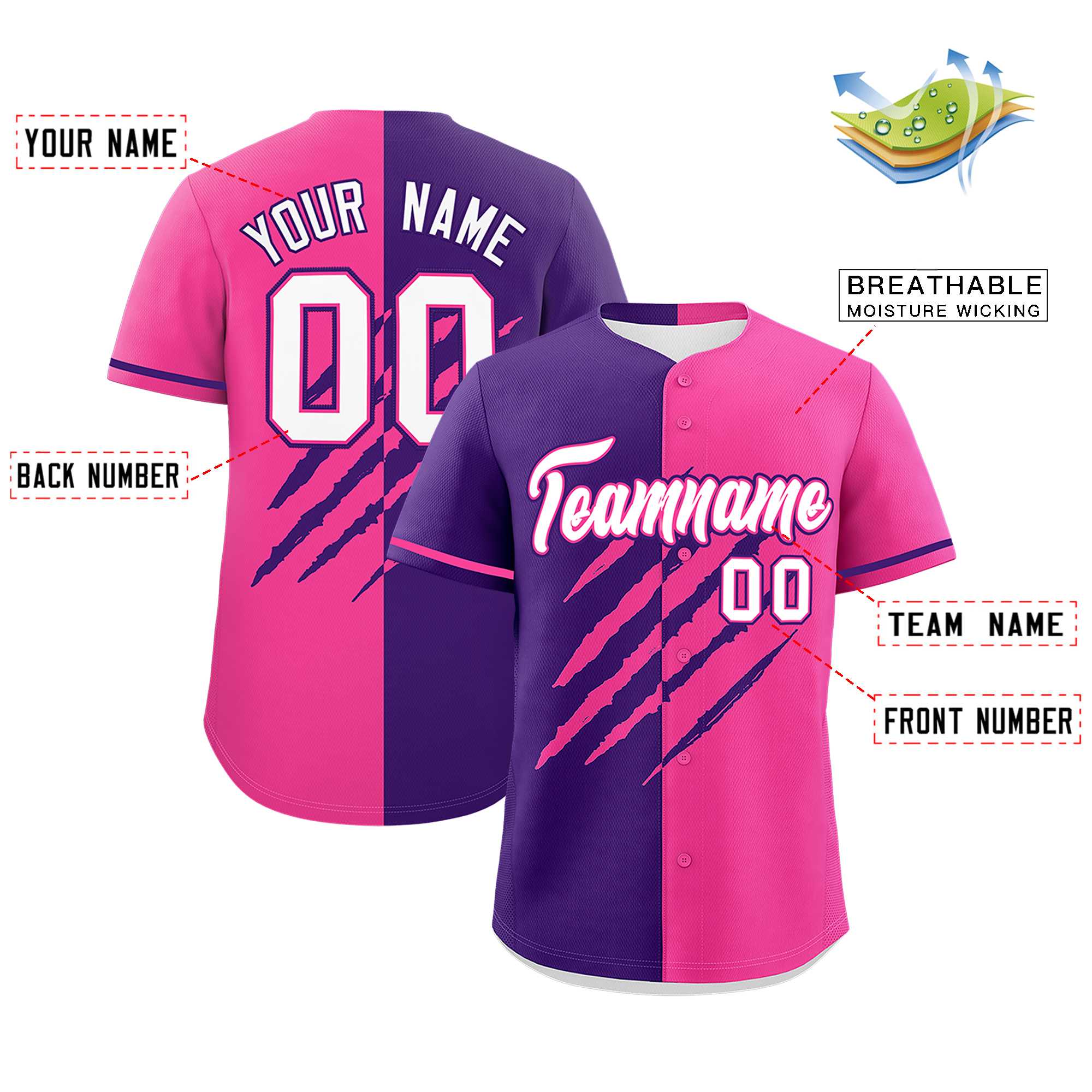 Custom Purple Pink Split Tiger Claw Scratch Pattern Baseball Jersey